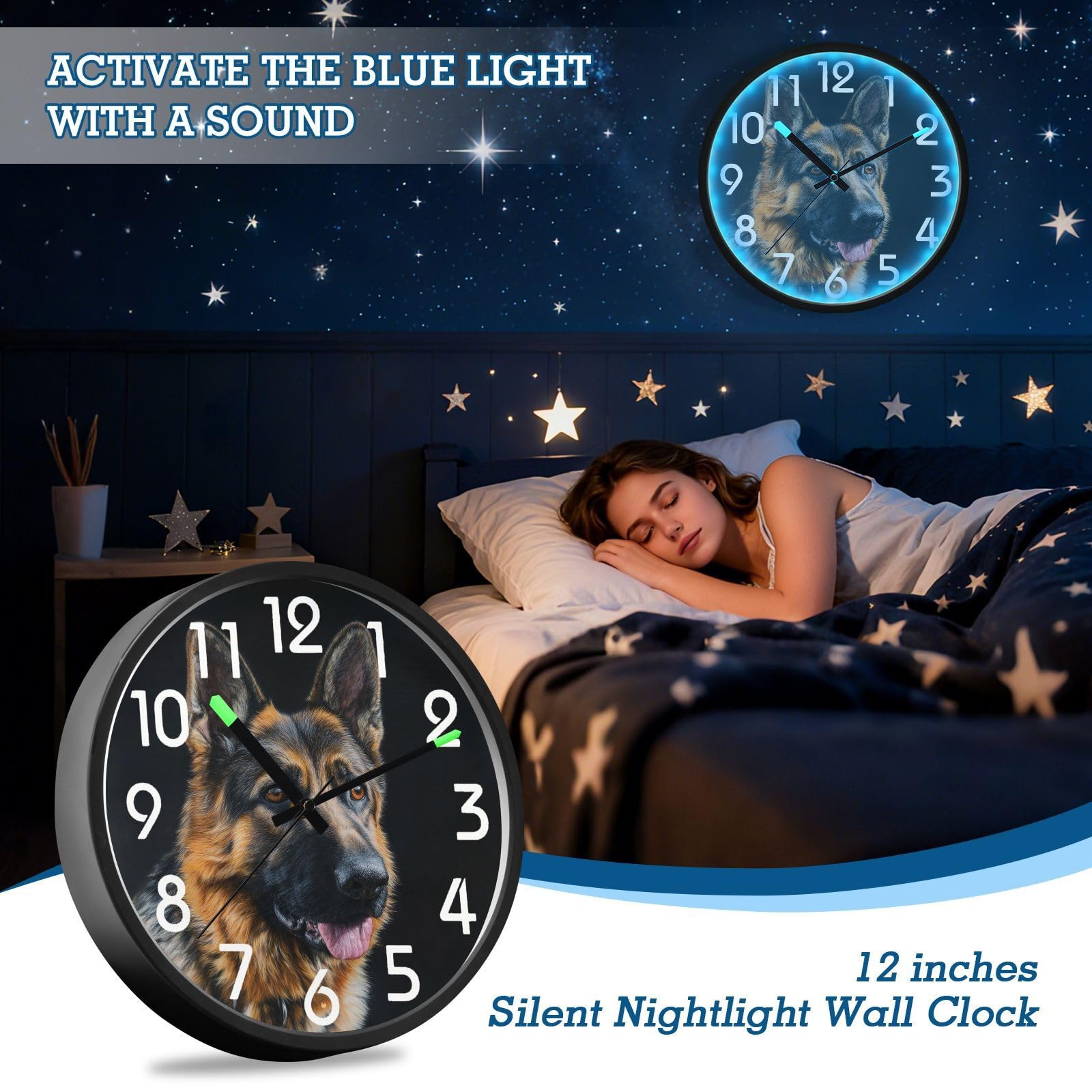 30,5 cm LED-Wanduhr mit Nachtlicht, Deutscher Schäferhund, Hochformat, batteriebetrieben, große Klangsteuerung, runde Uhr, leuchtet im Dunkeln, für Zuhause/Küche/Schlafzimmer/Büro/Café