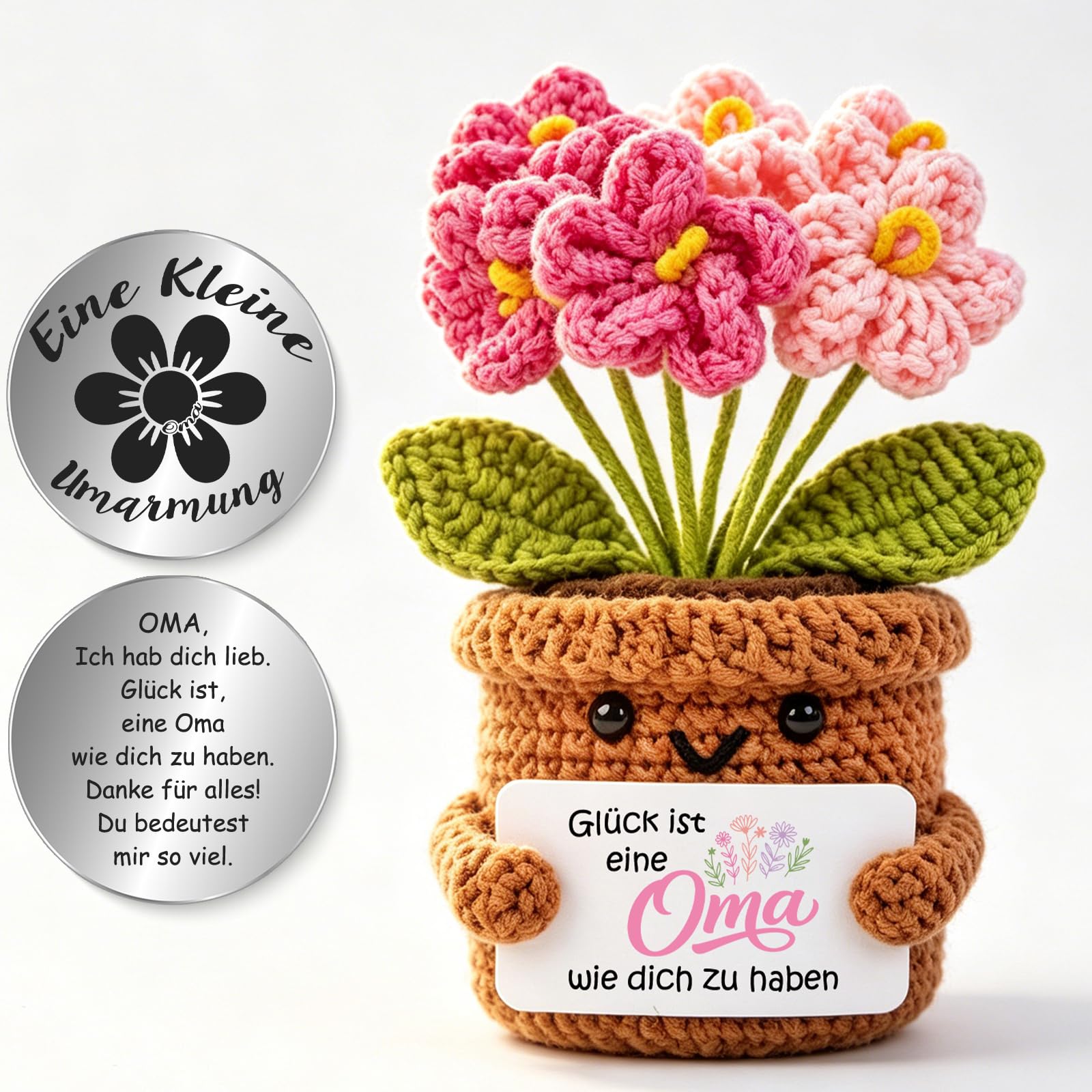 Tixlux Geschenk für Oma, Handgehäkelte Blumen mit Energiekarte, Geburtstagsgeschenk für Oma, Geschenk von Enkelin oder Enkel, Liebevolle Geschenkidee Rosa
