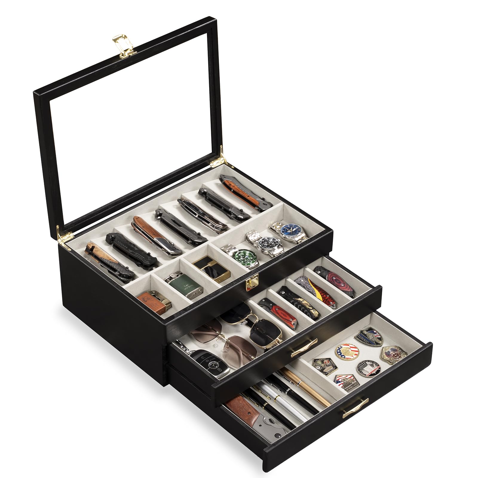 3 Étages Coffret Poignard, Bois Boîte Présentation Poignard pour 30 à 36 Couteaux de Poche, Grande Vitrine à Couteaux avec Vitre Supérieure en Verre Véritable, pour Collection, Cadeau (Noir)