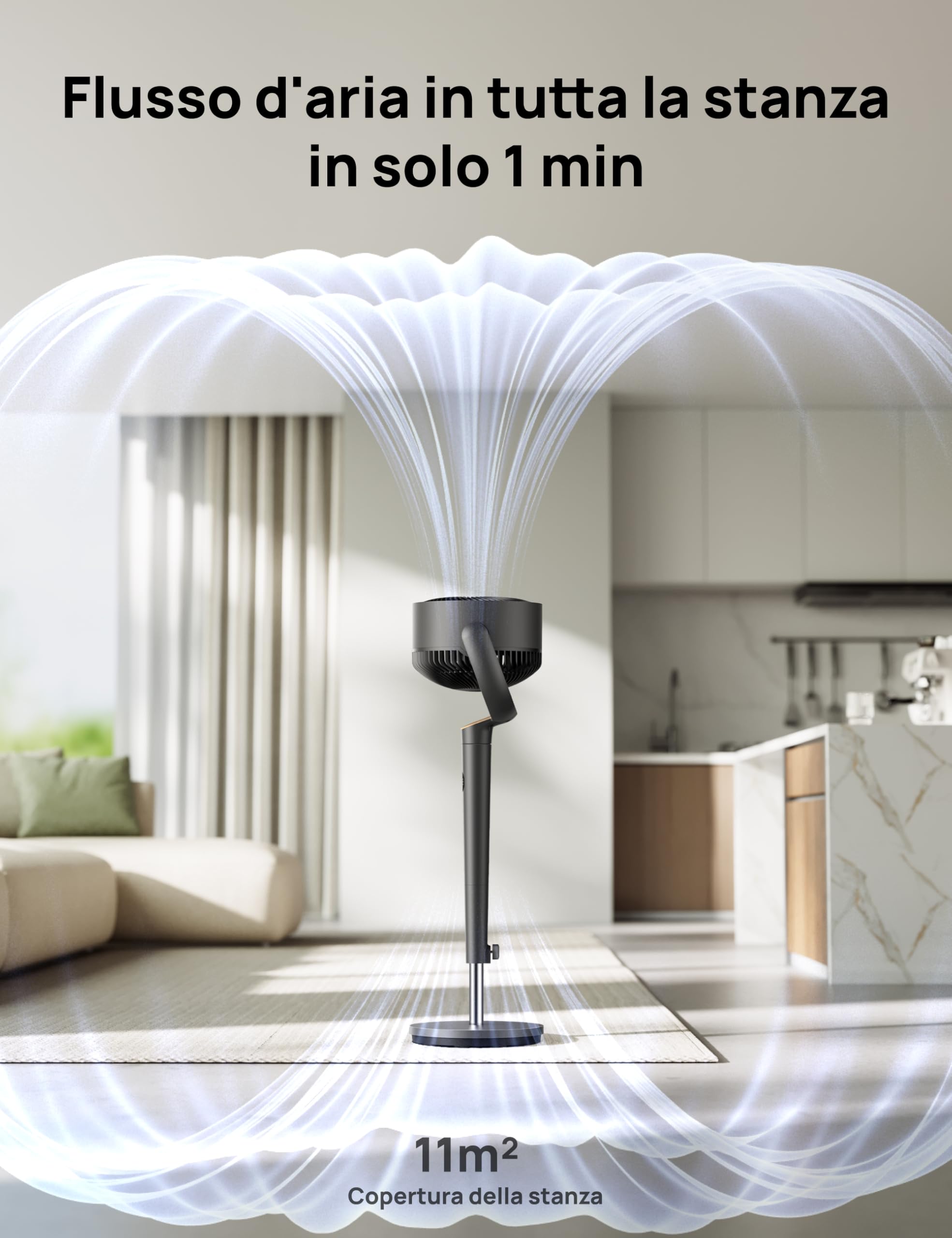 DREO ventilatore a piantana ultra silenzioso con telecomando, ventilatore 20 dB con motore CC, oscillazione 120°, 3 modalità, altezza regolabile 94–107 cm, ventilatore da pavimento TurboPoly™ 512