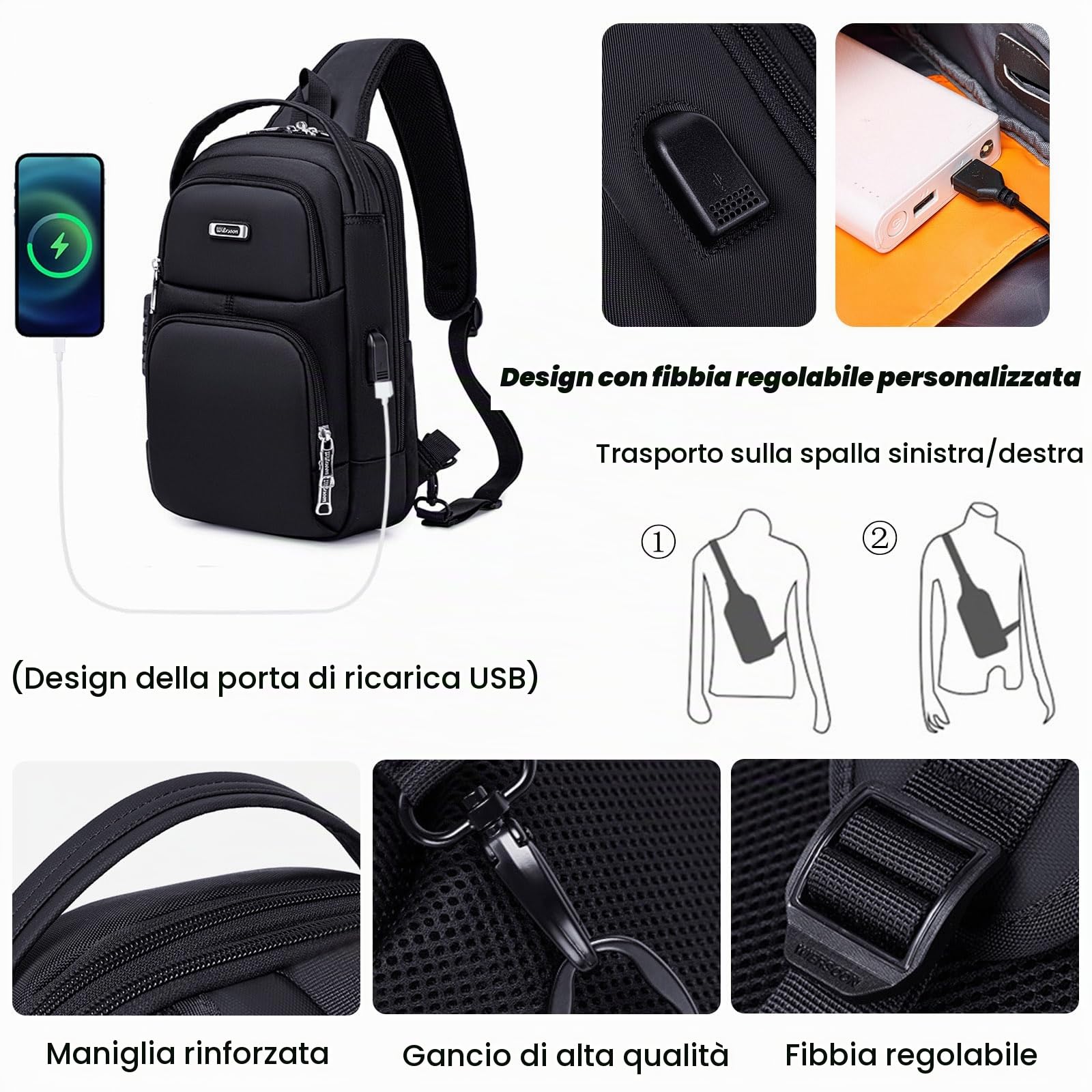 FANDARE Antifurto Business Zaino monospalla da uomo Borsa a tracolla Borsello con porta di ricarica USB Borse a spalla Multifunzionale Borse Messenger per Ufficio Lavoro Insegnanti Viaggio Sling Bag