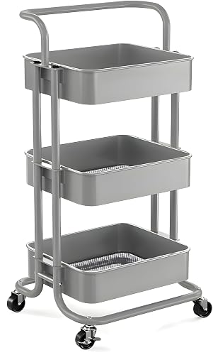 JIALTO Multipurpose Trolley with Wheels- Heavy Duty 3-Tier Utility Cart for Storage & Organization- Movable Rack for Home, Kitchen, Bathroom, Pantry- Durable Metal Frame with Lockable Wheels (Grey)