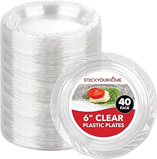 Stock Your Home 6-Inch Clear Plastic Dessert Plates (40 Pack) Flexible Disposable Clear Plates for Dessert & Appetizers, Crystal Clear Small Plates for Parties & Catering, Clear Plastic Party Plates