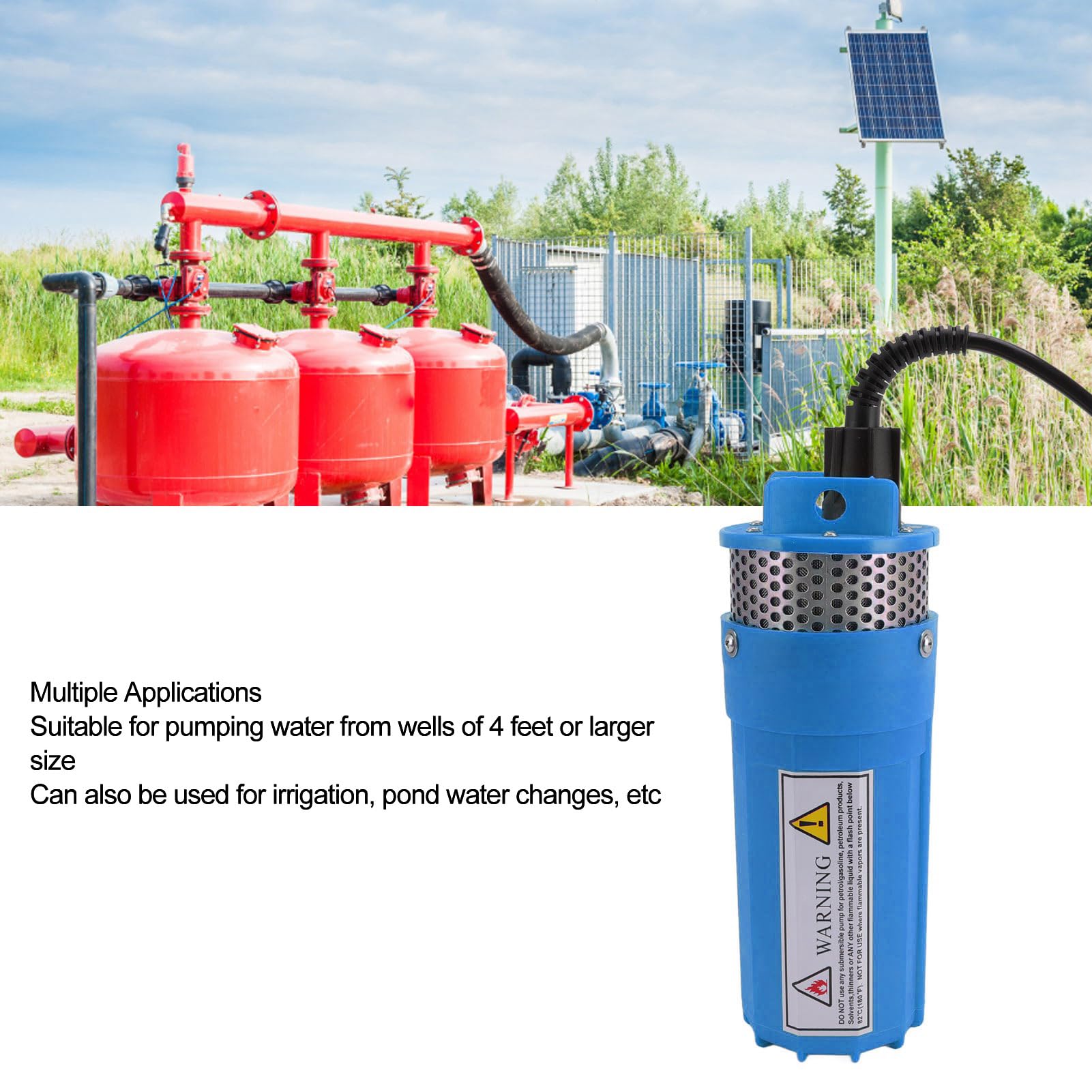Bomba de Agua Sumergible Solar Bomba de Agua de Pozo Profundo Resistente y Resistente para Estanque de Riego DC 24 V para Potable de Ganado, Riego, Intercambio de de Estanque (plástico 10,4
