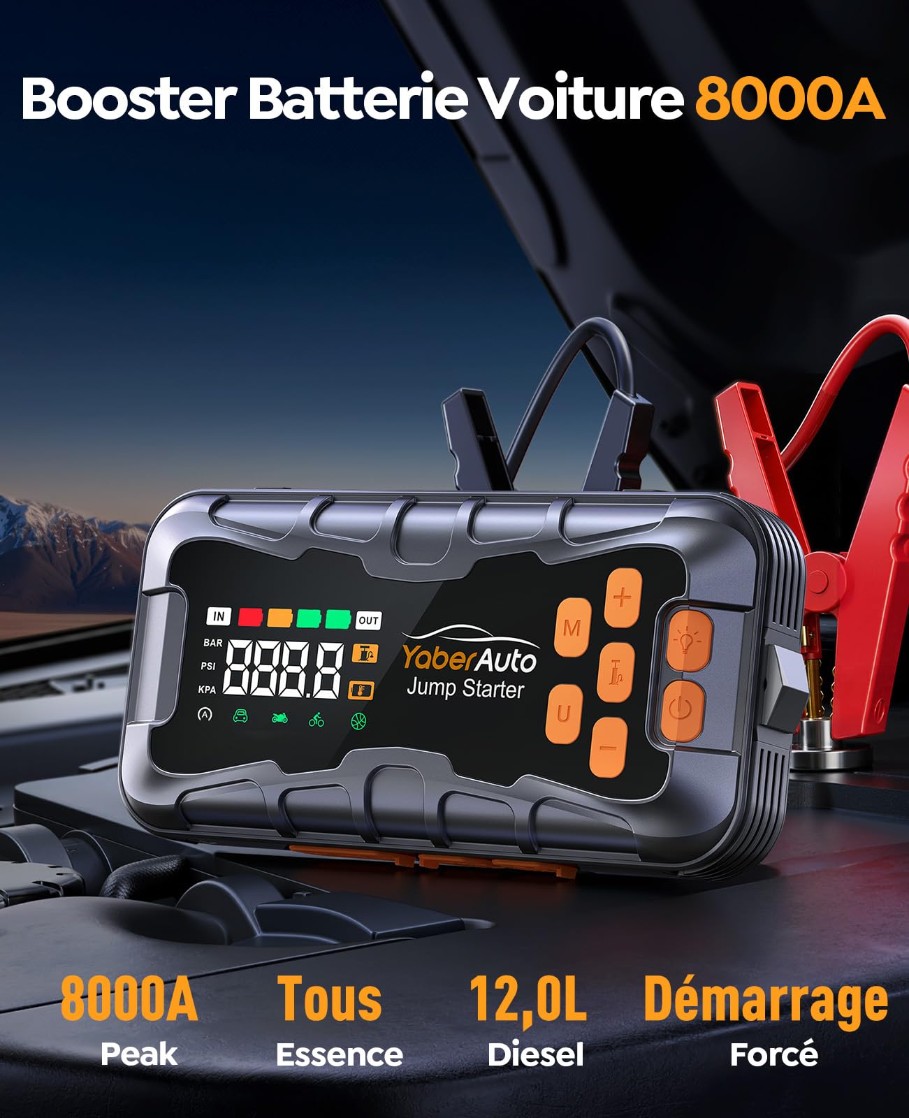 16 en 1 Booster Batterie Voiture 8000A 27000mAh, Booster Batterie(Tout Gaz ou 12L Diesel), 12V Booster avec Compresseur 160PSI, Démarreur avec Lampe 800 Lumens, Marteau de Secours et Kit d’Urgence