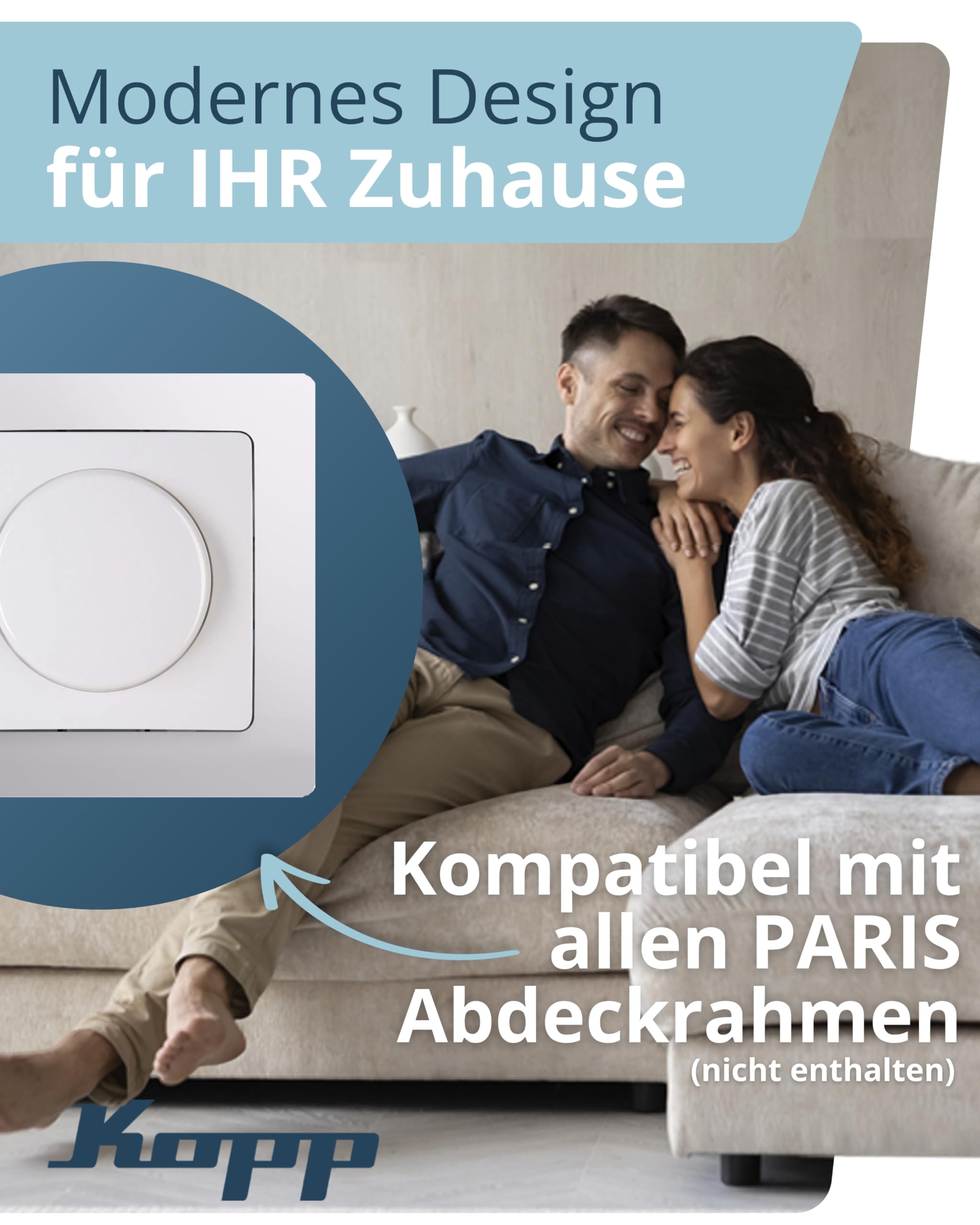 Kopp PARIS Druck-Wechselschalter-Dimmer mit Drehknopf - Arktis-Weiß - Für 7-110W Glühlampen & 3-35W LED - Dimmbarer Lichtschalter für Trafos - Phasenanschnittsdimmer mit Softrastung