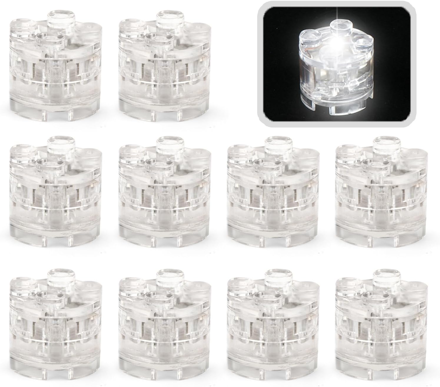 Lights Bricks, 10PCS 2x2 Round Light Up Bricks Accessories Kits, Classic Transparent LED Accessories Pack, Parts Pieces Building Blocks Set Toys
