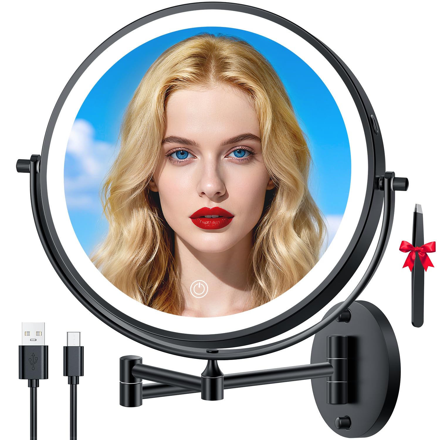 Photo 1 of 10'' 30X/1X Wall Mounted Lighted Makeup Mirror, 5000mAh Rechargeable Double-Sided Magnifying Mirror with Light, LED Vanity Mirror Touch Dimmable 3 Colors 360° Rotation Extended Foldable Arm, Black