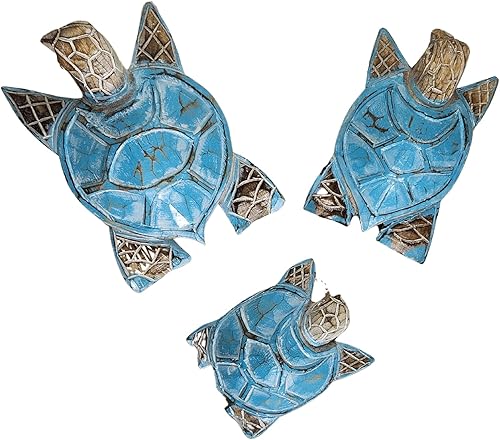 WorldBazzar Juego de 3 esculturas talladas a mano con forma de tortuga o arte de pared, escultura náutica en 3D, isla costera, decoración tropical