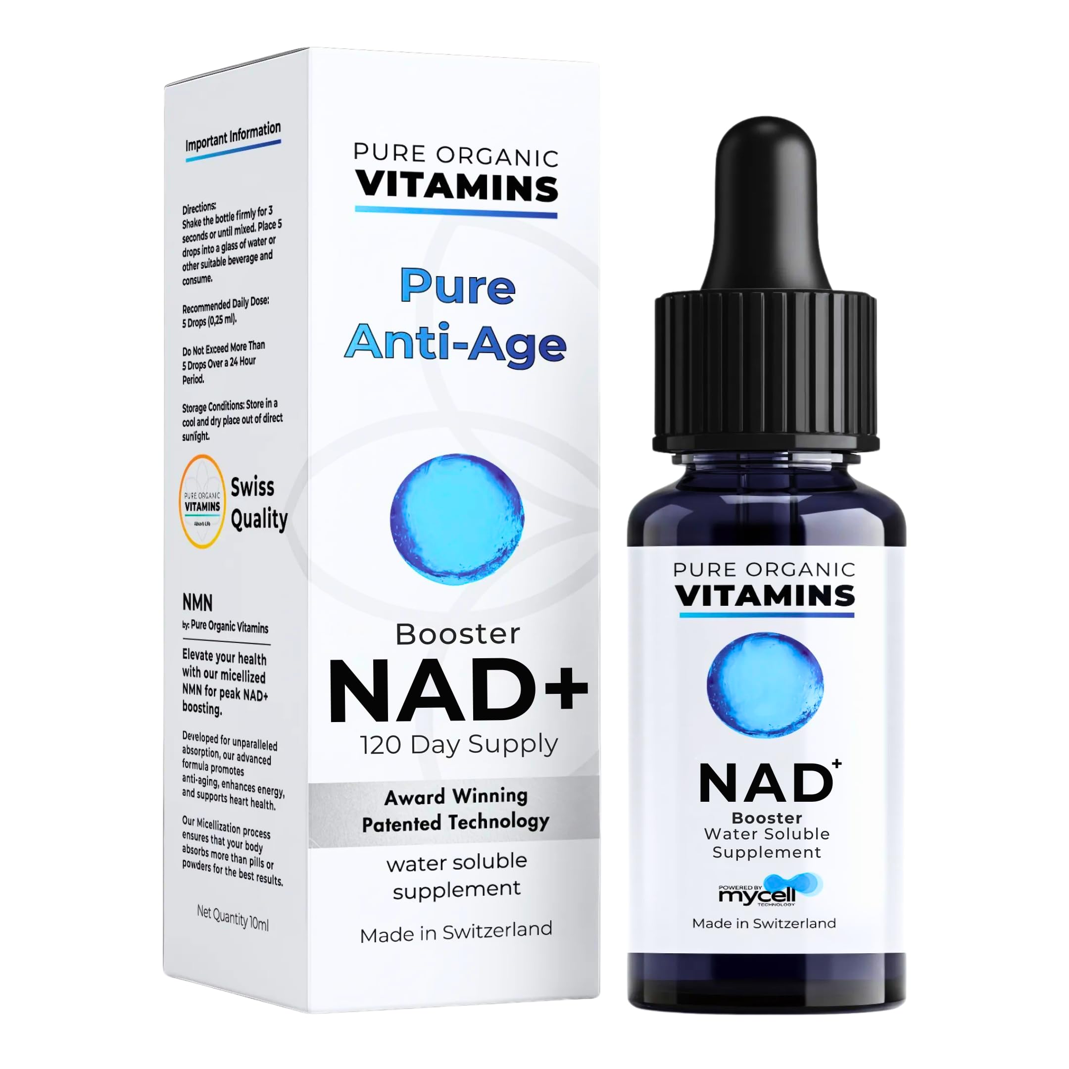 Complément NAD+ liposomal - Absorption améliorée de 50% prouvée - Système de diffusion cellulaire breveté - Approvisionnement pour 40 jours - Stimulateur NAD+ Gouttes liquides - Fabriqué en Suisse