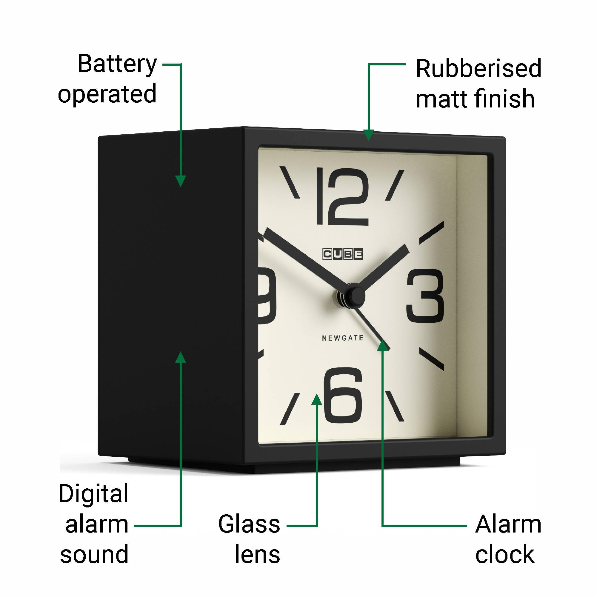 NEWGATE® Cube Despertador | Alarma Retro con Forma de Cubo con diseño | Negro | Ideal para mesilla, Escritorio, estantería y repisa | Accesorio Retro de Dormitorio y Oficina de Mediados de Siglo