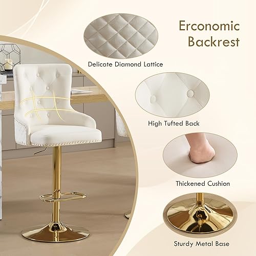 Miniatura 4 de Juego de 2 taburetes de bar dorados giratorios de terciopelo con anillo de tracción de león, taburetes tapizados de altura de mostrador con respaldo