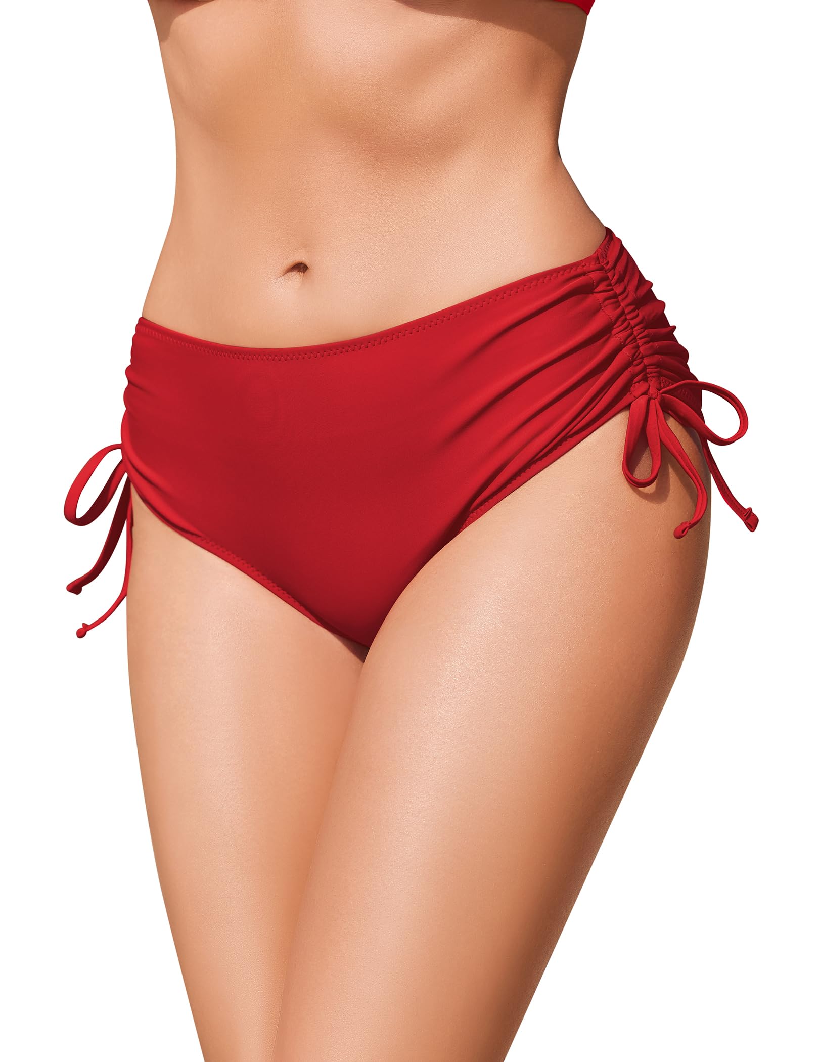 Ekouaer Bikinihose Damen Mittlerem Bund Klassisch Bikinihosen mit Bindebändern Unifarben Bauchweg, Rot, XL