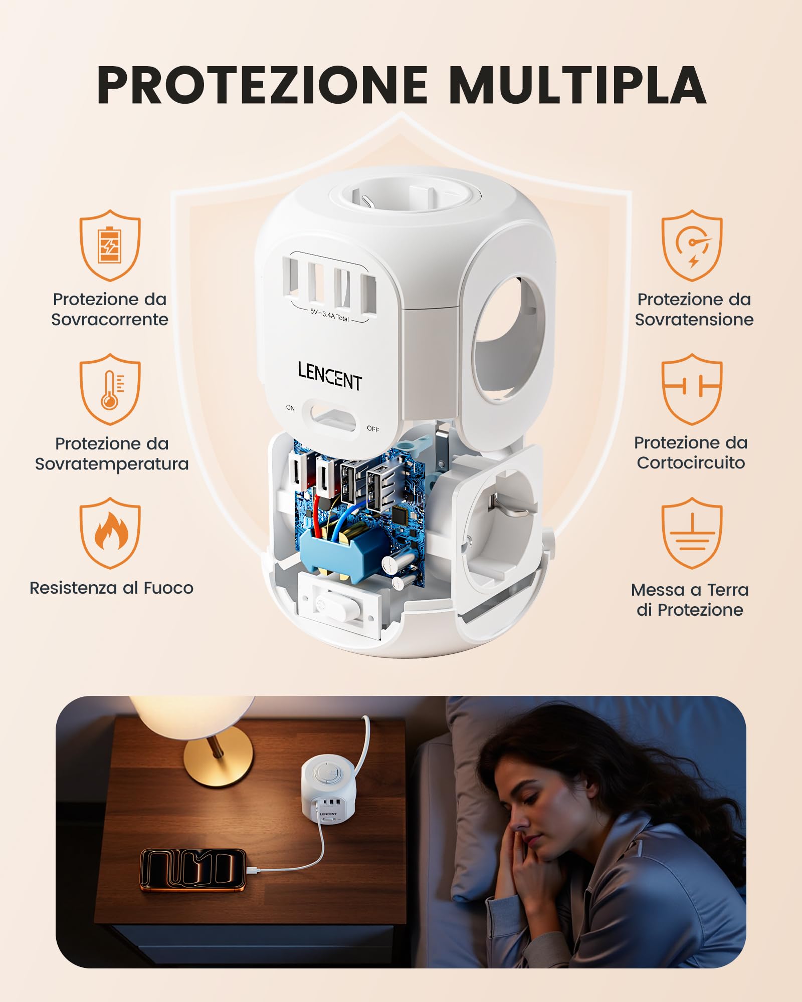 LENCENT 8 in 1 Ciabatta Cubico da 10M, Presa Multipla con Spina Piatta | Ciabatta Elettrica con 4 Prese AC, 2 USB-A e 2 USB-C, Presa Schuko Salvaspazio con Interruttore per Cucina Casa Ufficio