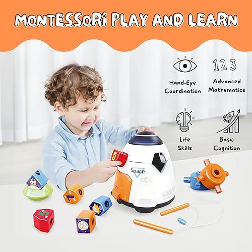 Miniatura 2 de Obsiusfb Montessori - Juguete de nave espacial para niños pequeños, habilidades motoras finas, clasificación, apilamiento y bloques de construcción,