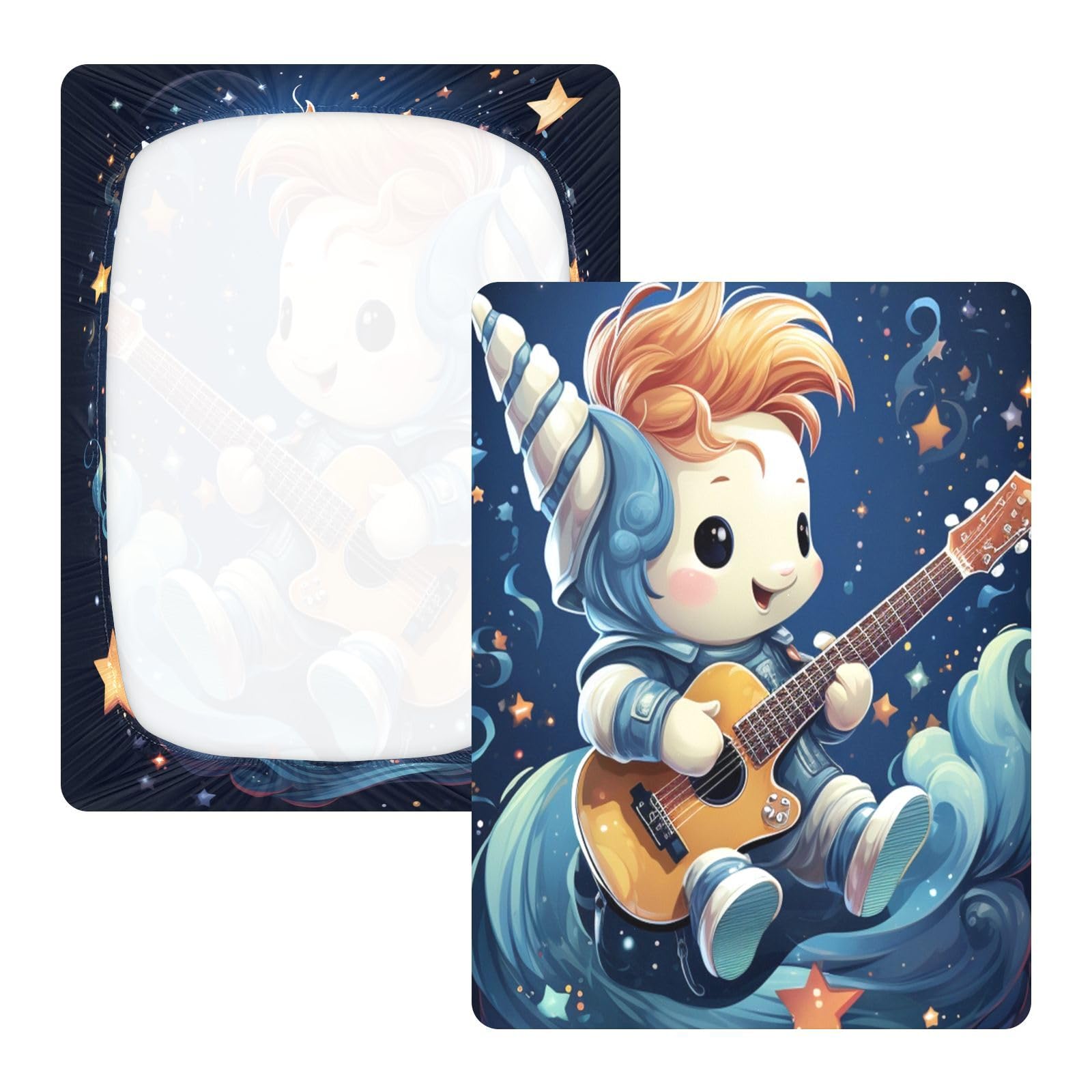 Estrella De Dibujos Animados Unicornio Guitarra Sábana de Cuna para Niños Pequeños,Sábanas de Algodón Suave para Bebés Aptas para Colchón Corralito