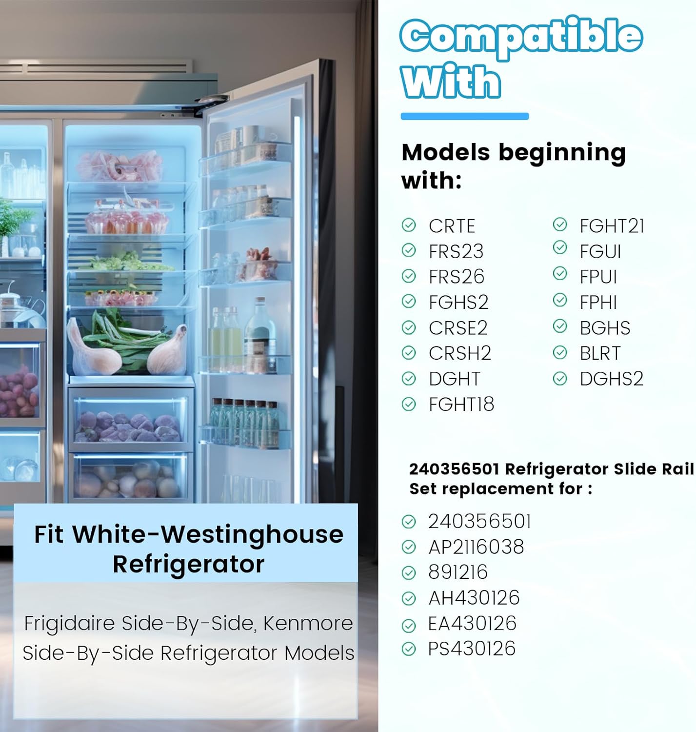 Kojem 240349701 240356501 Slide Rail Sets Compatible with Frigidaire Refrigerator Replacement for 891105 AH429945 EA429945 PS429945 891216 AH430126 EA430126 PS430126