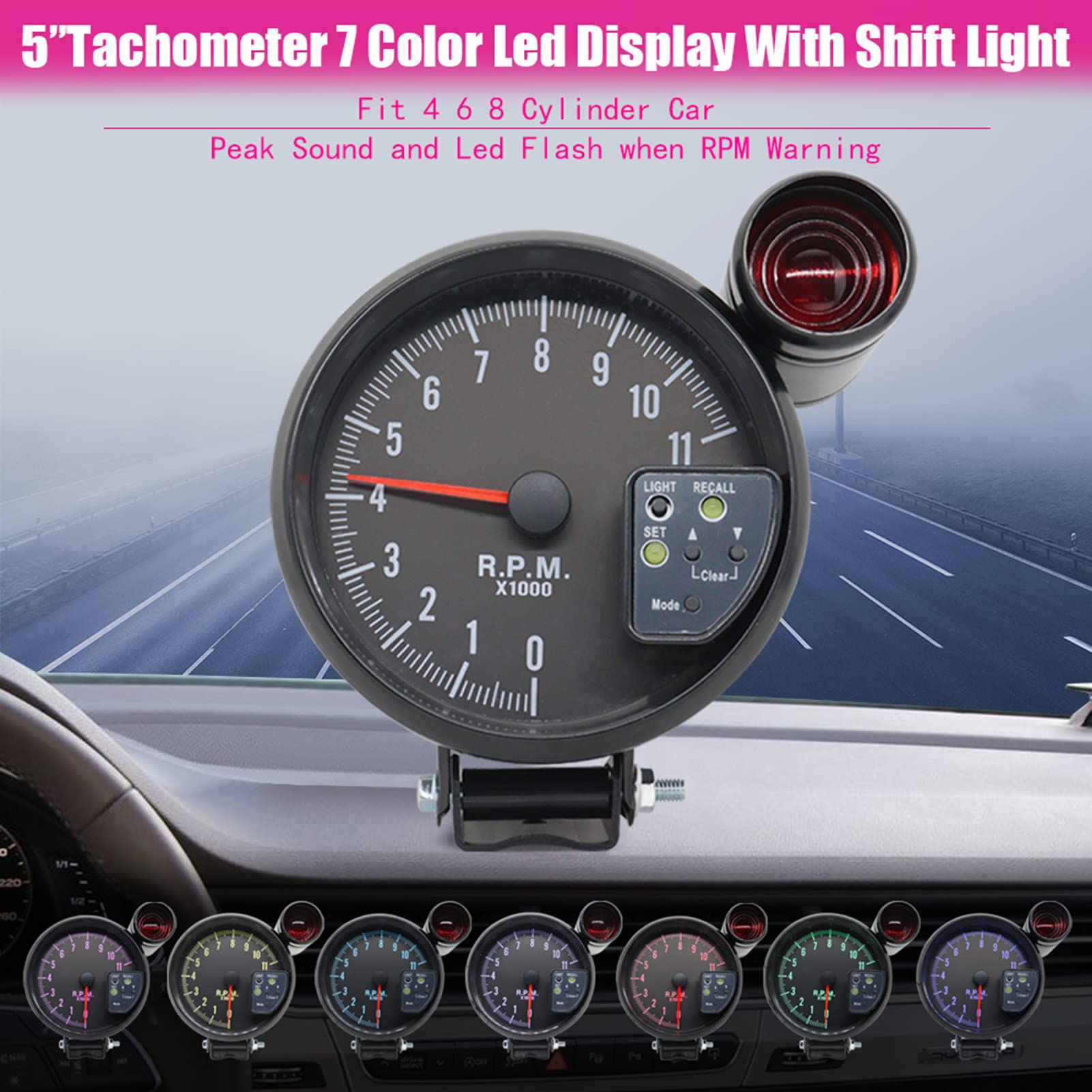 Akozon Tachymètre de 5 Pouces Back-Light Black 7 Colors With Shift Light Peak Sound LED Flash RPM AVERTISSEMENT