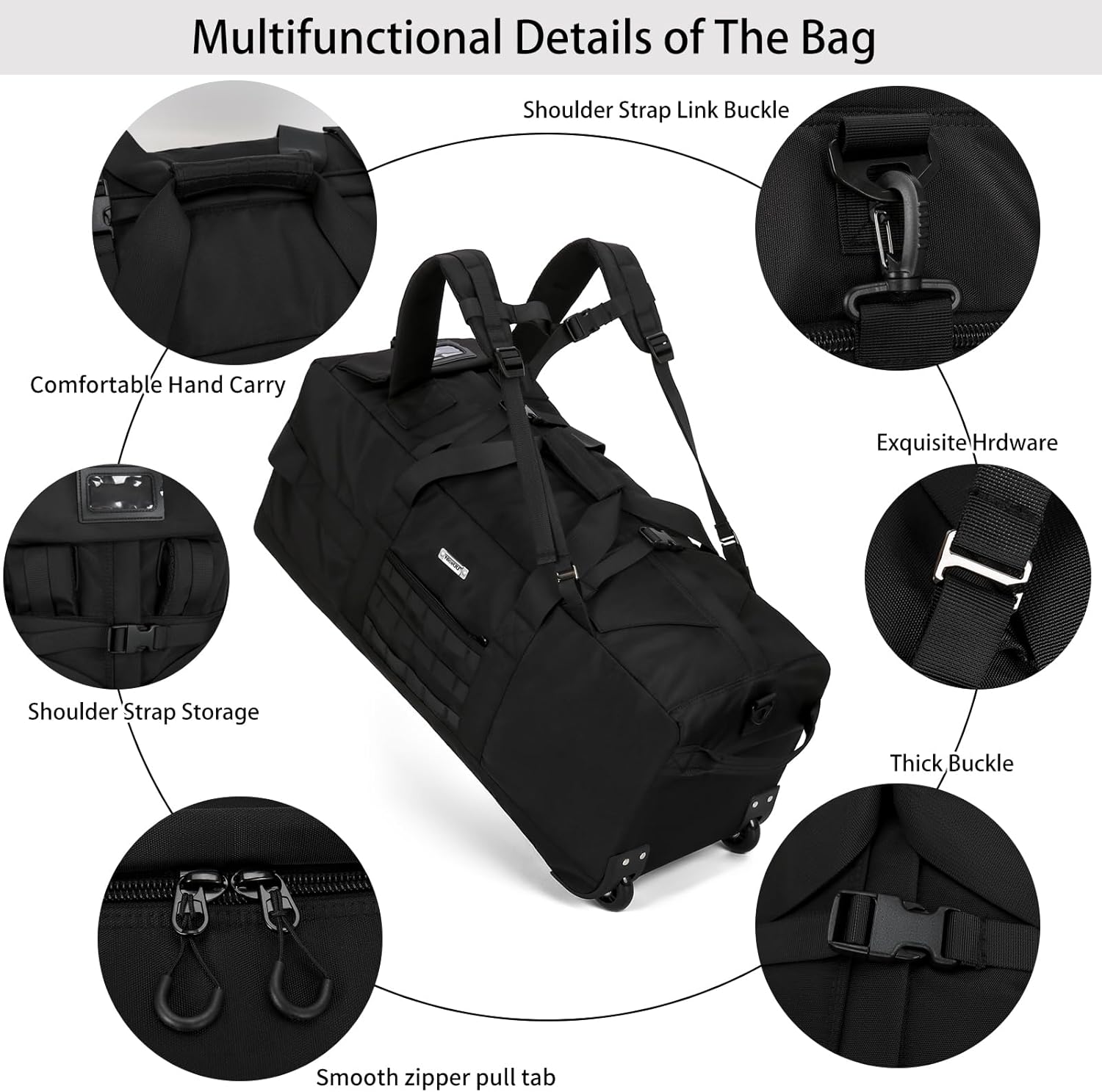 80L Waterproof Rolling Duffel Bag with Quick-Release Straps, Military Tactical Wheeled Foldable for Deployment Travel Camping Sports(Black) - Image 4