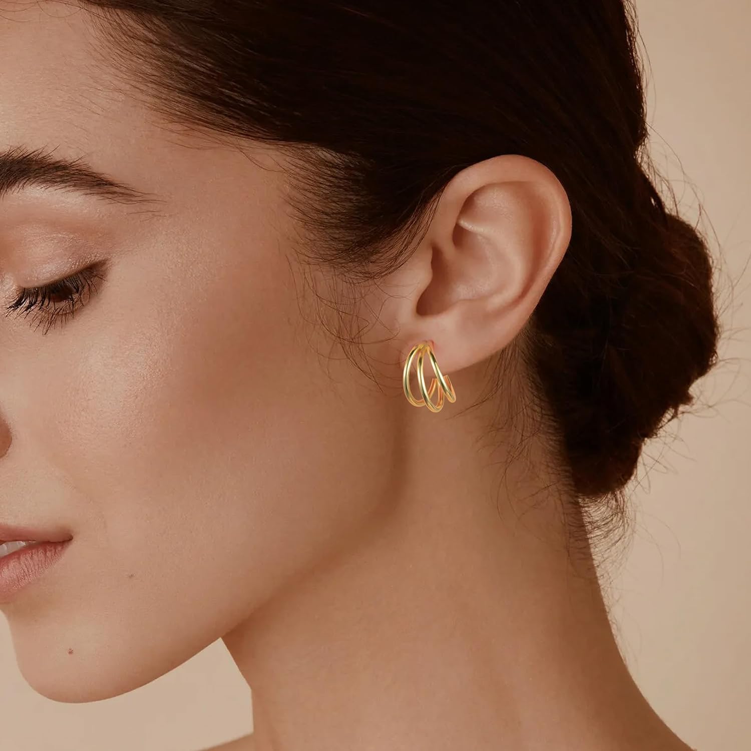 14 Karat Gold Earrings, 14K Gold Hoop Earrings for Women, 19mm Triple Gold Vermeil Hoops, Dainty Hypoallergenic Earrings, 14K Gold Plated 925 Sterling Silver - Image 2
