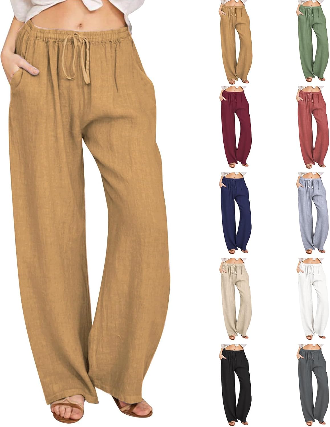 ZAFUL Women Linen Pants Wide Leg Casual Palazzo Pants Striped Casual Drawstring Elastic Waisted Lounge Trousers with Pockets-AMZ main image 1
