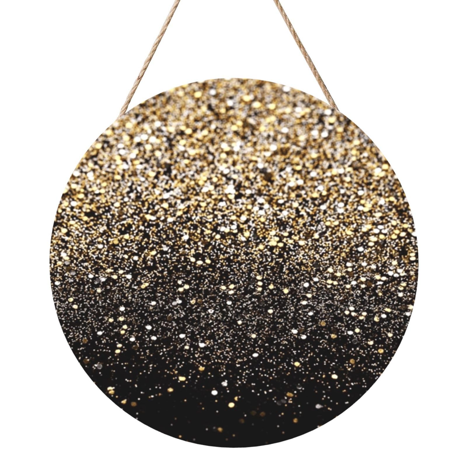 InOmak Gold Shimmer Sequin, Round Wood Panel Painting 12 in, Wall Hanging Painting For Home