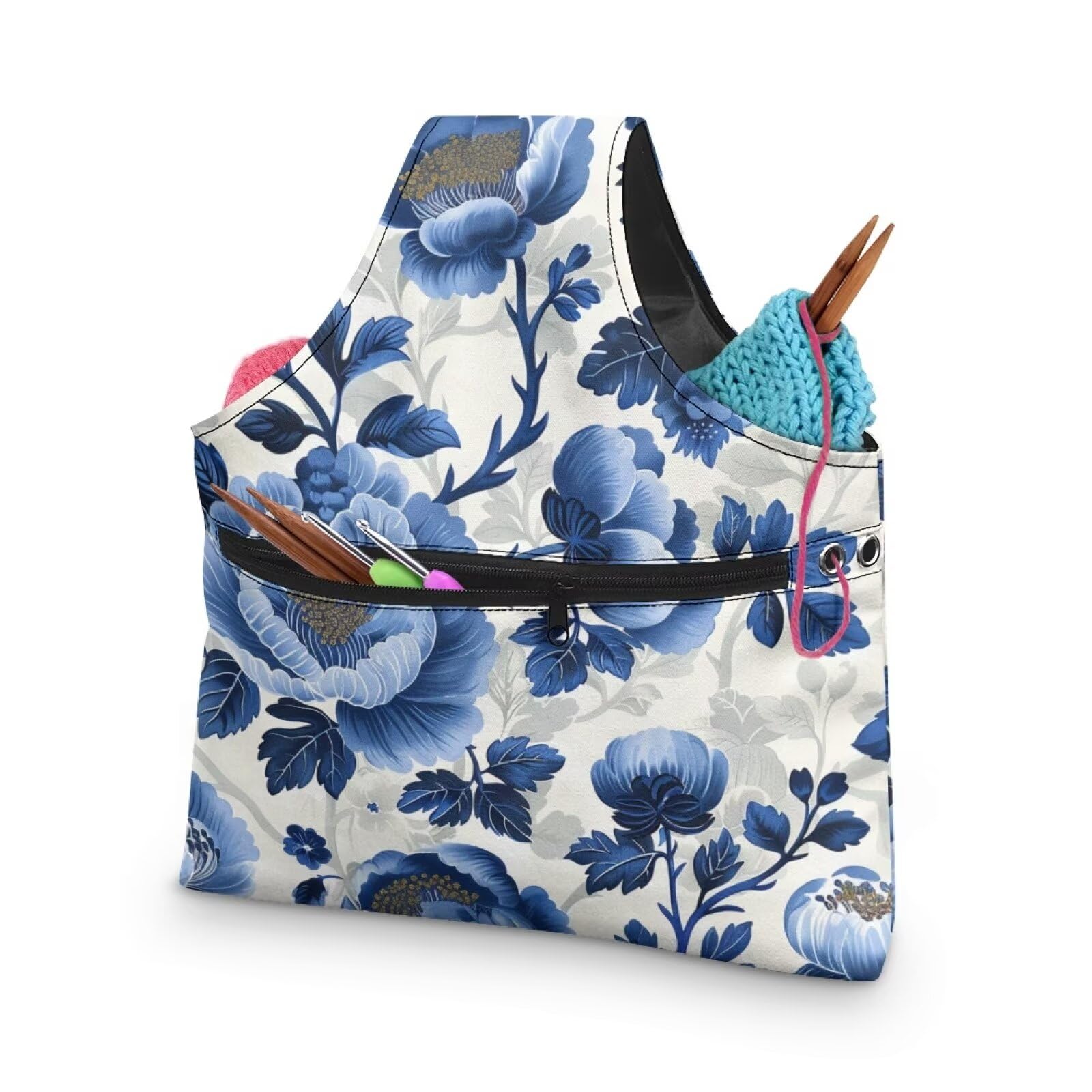 Blue Floral Yarn Storage Bag for Crocheting Lightweight Knitting Bags and Totes Holding Yarn Crochet Hook Needles,Large