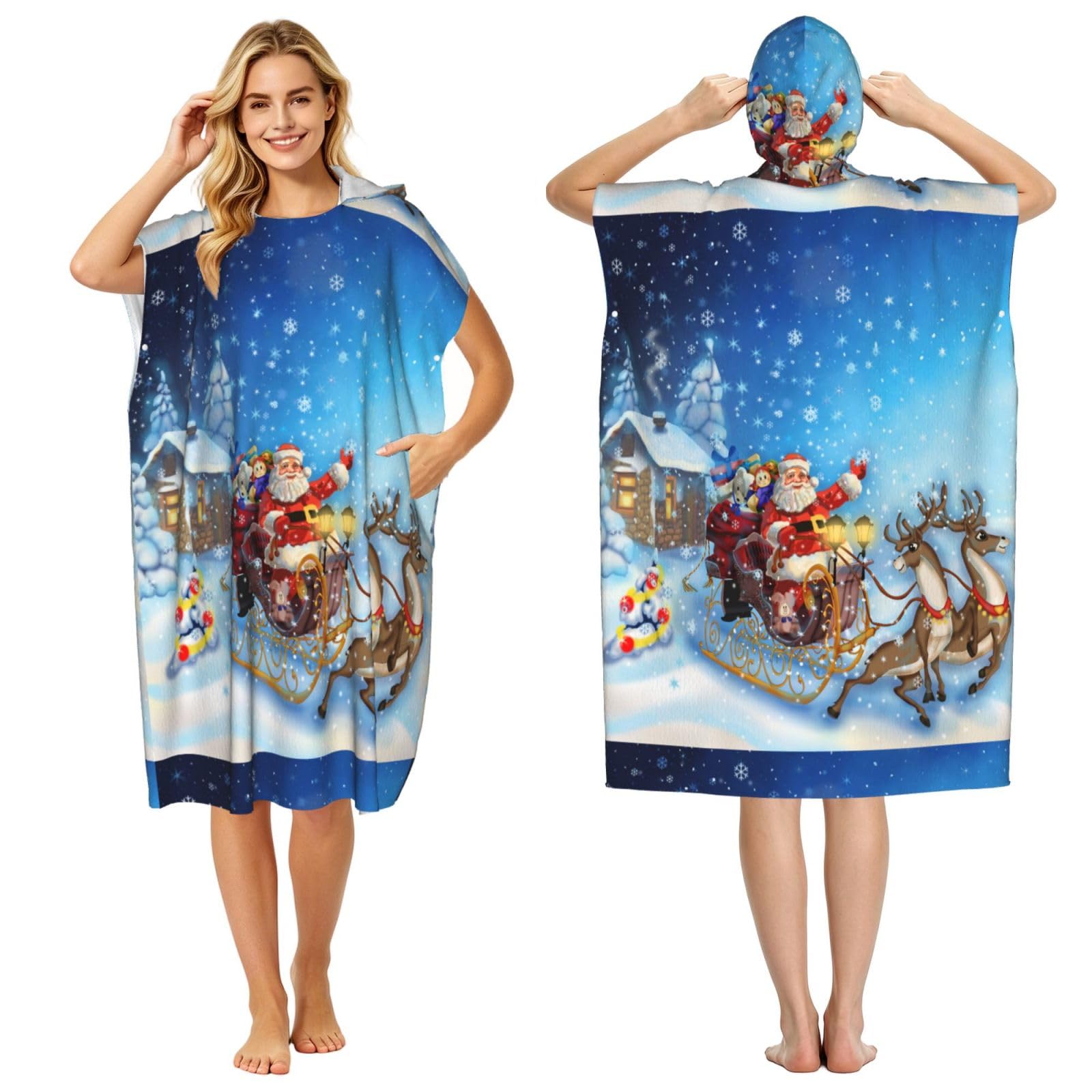 Poadnly Christmas Santa Reindeer, Adult Hooded Beach Towel 90 x 110 cm,Changing Bath Robe, Surf Poncho Towel For Women Men