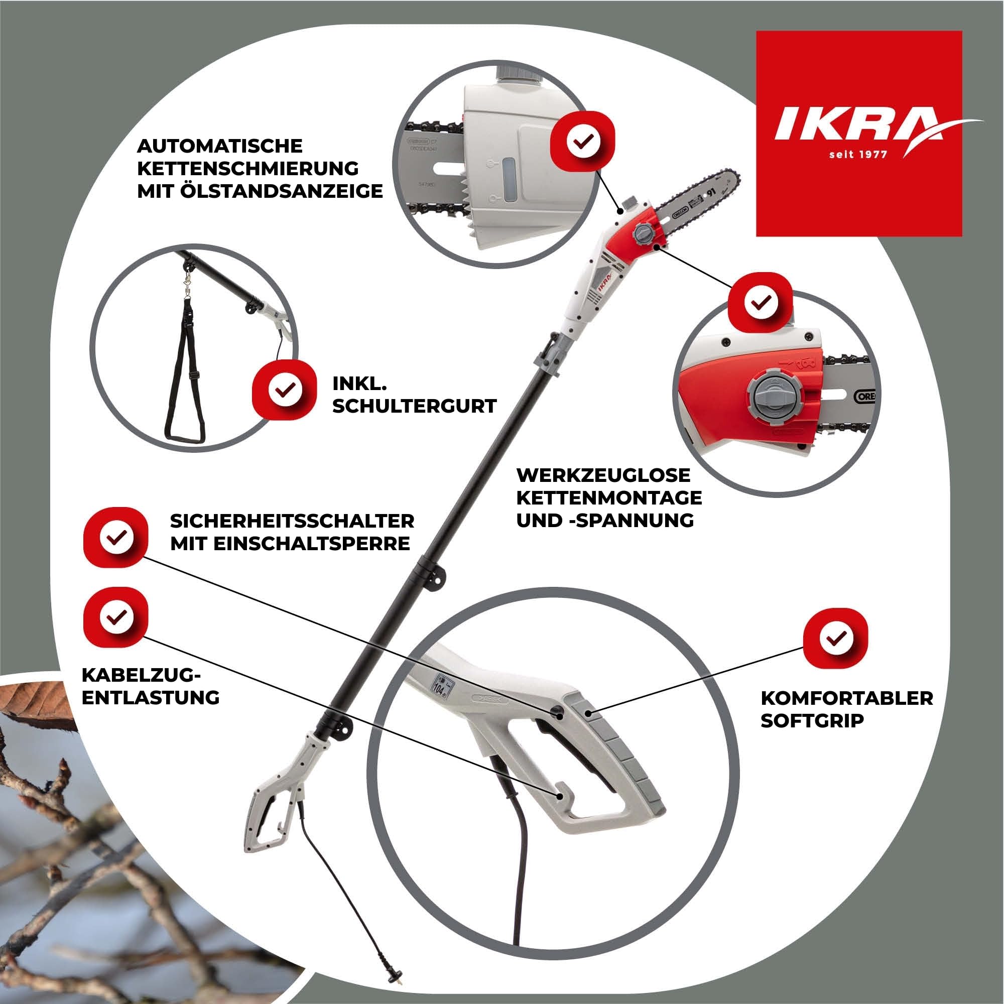 IKRA Elektro Teleskop Astsäge Hochentaster IEAS 750, inkl. Schultergurt | Schnittlänge 185mm, teleskopierbar, Arbeitshöhe bis 4m, OREGON Antivibrationskette, werkzeuglose Kettenspannung & -montage