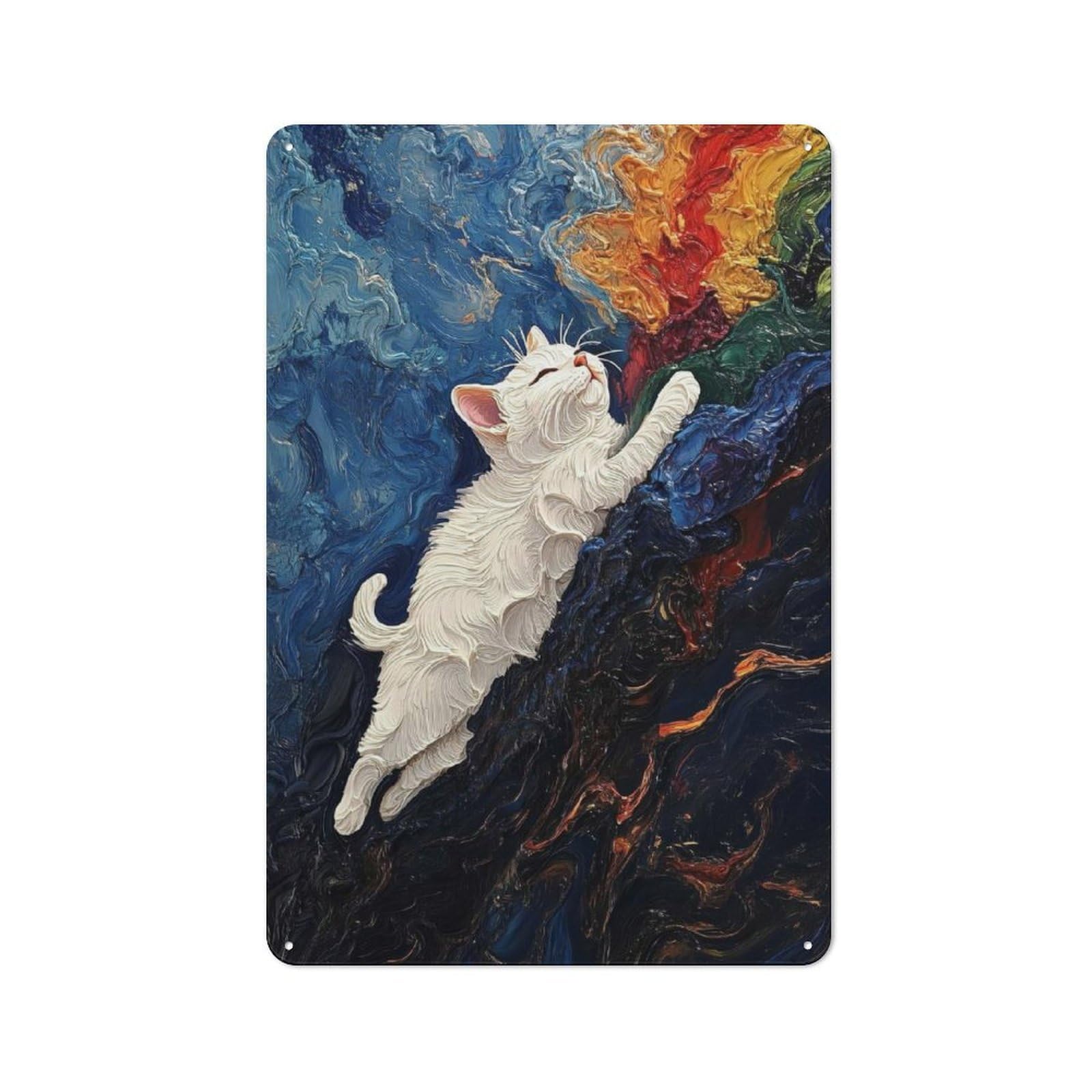 Junmoney Style-10 Dreamy White Cat Climbing Colorful Abstract Tin Wall Sign 30X20cm, Country Style Bistro Wall Plaque For Coffee Bar, Kitchen, Bistro Or Tea Corner