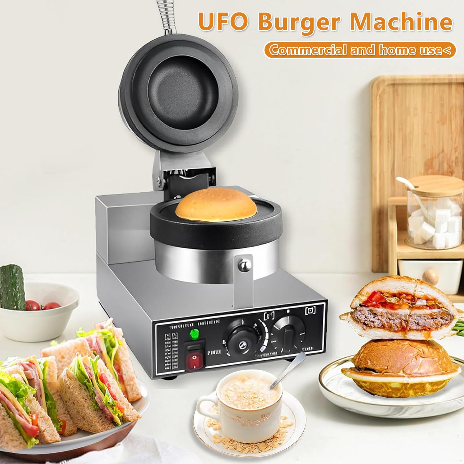 Electric Press ufo Burger Machine, Commercial Hamburger Press, Ice Cream Waffle Maker, Non Coated Electric Burger Maker, Adjustable Temperature 50-300? Non-Stick Pan