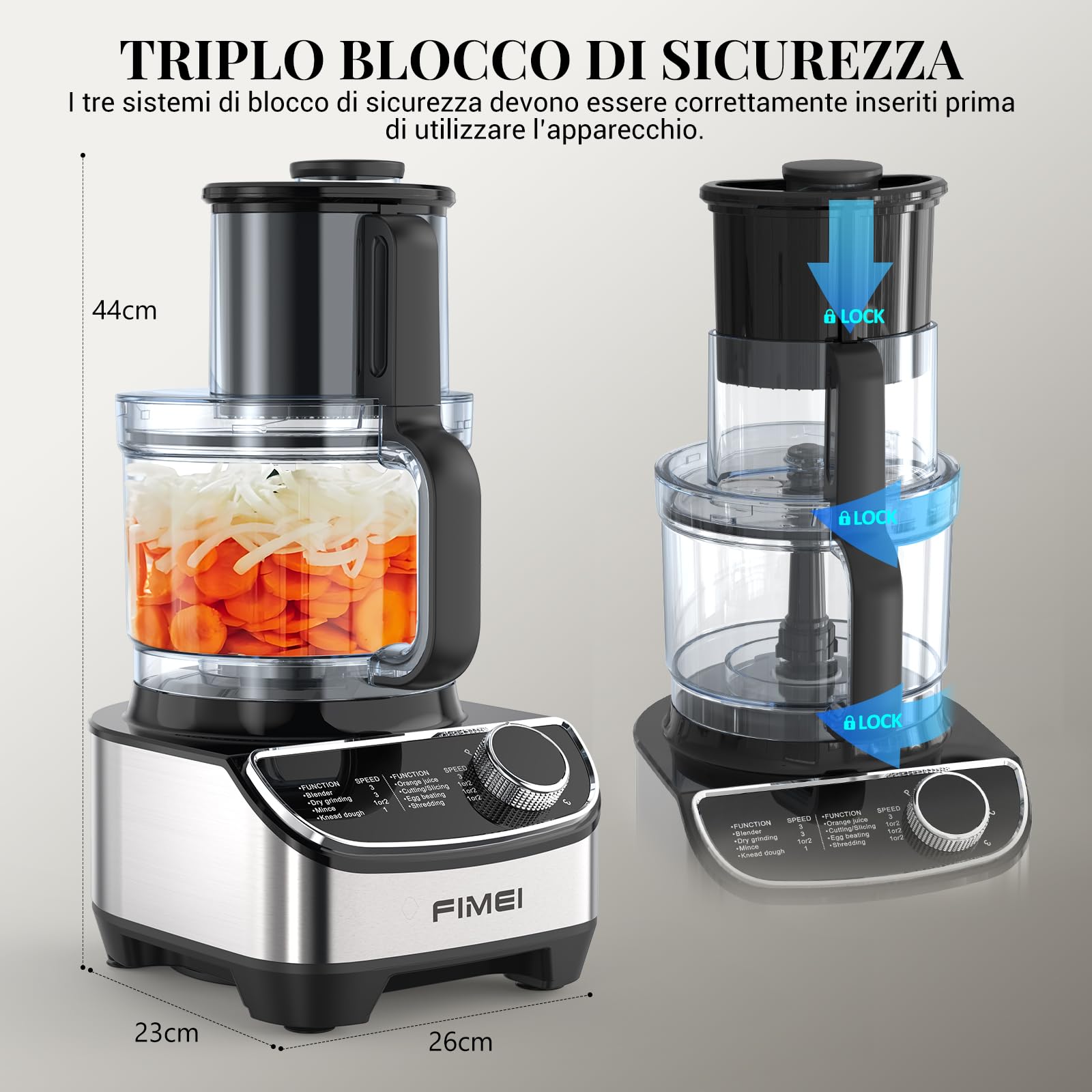 FIMEI Robot da Cucina Multifunzione 1300W, 3 Velocità e Funzione Impulso, Tritatutto 3,5L, Frullatore 1,5L, Smerigliatrice, Spremiagrumi, Impastatrice, Frusta, Grattugia, Disco Rotante