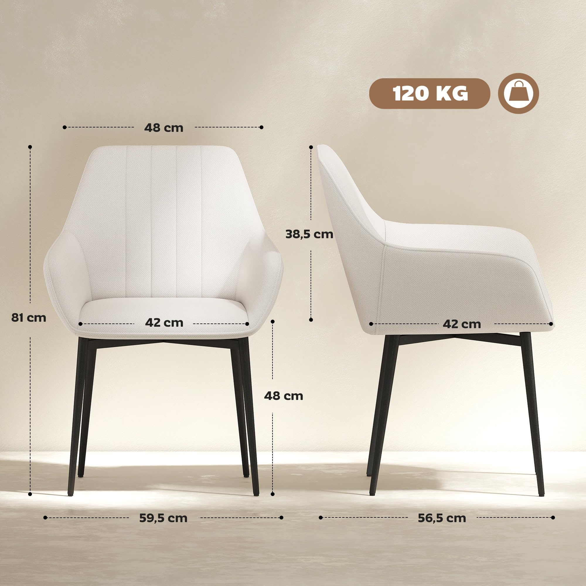 HOMCOM Pack de 2 Sillas de Comedor con Asiento Acolchado Beige | Sillas de Cocina Modernas, Tapizado, Respaldo Curvo, Reposabrazos, Patas de Metal, para Salón