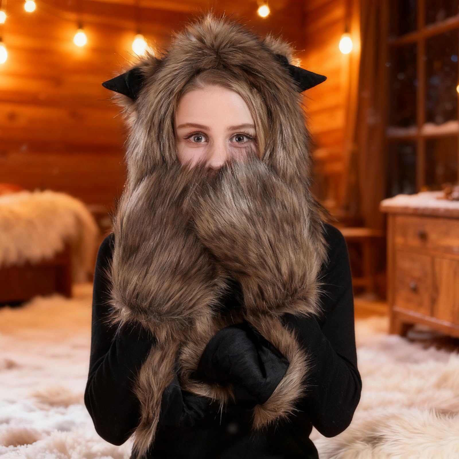 3 en 1 Hiver Fausse Fourrure Animal Chapeau à Capuche Echarpe avec Oreilles Empreintes de Pattes Moufles de Poche Gants