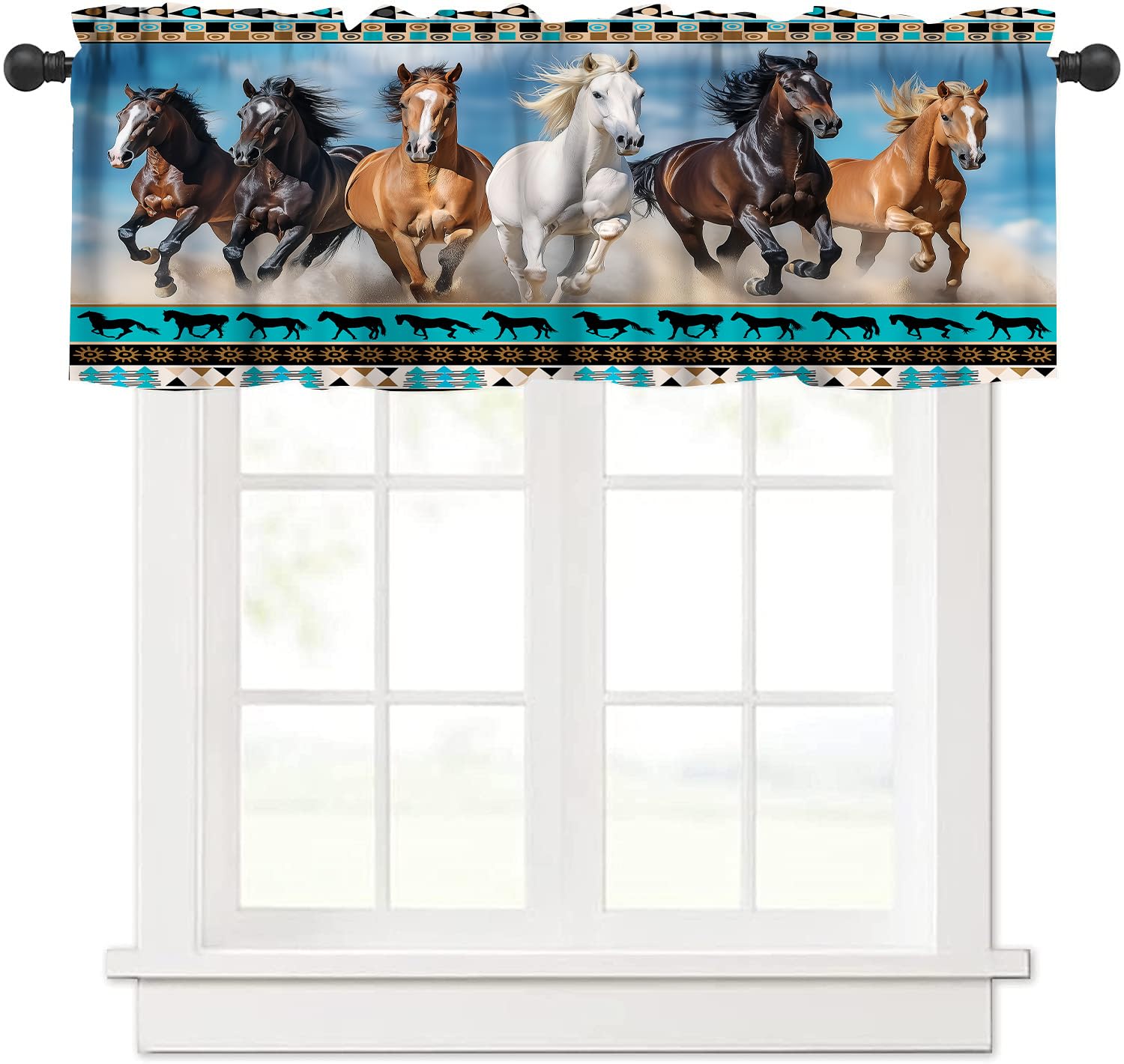 Vintage Horse Valance Curtains for Bedroom, Country Aztec Primitive Totem Western Silly Horse Running Rod Pocket Window Short Panel Blackout Treatment
