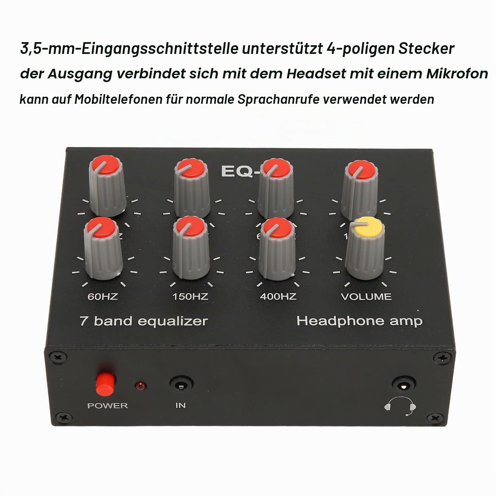 7-Band-Sound-Equalizer, 12-dB-Hochbasseinstellung, Digitaler Zweikanal-Audio-Equalizer mit Vorderem 3,5-mm-Auxiliary-Eingang, EQ-Ausgangseingang