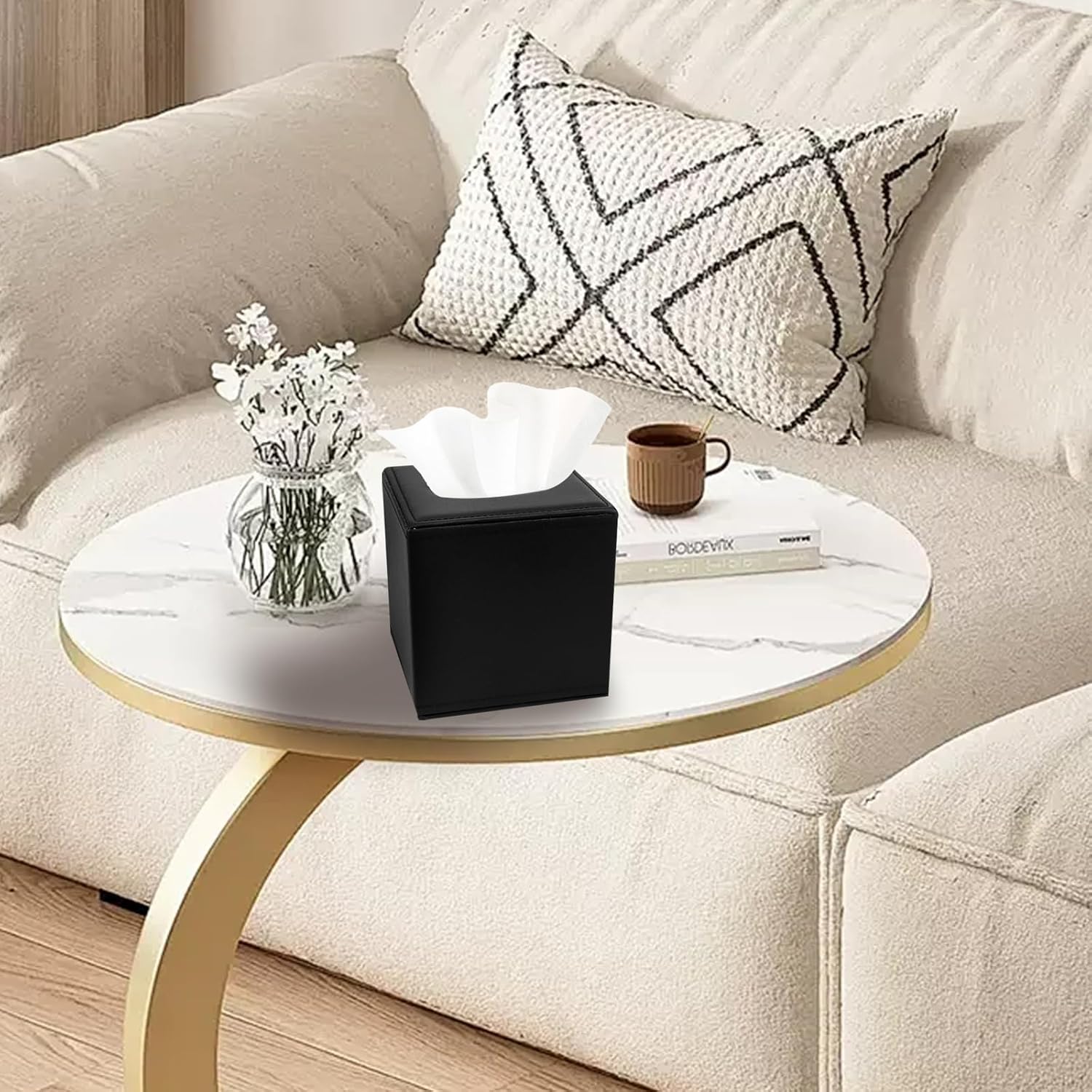 PU Leather Tissue Box Cover with Magnetic Closure,Square Tissue Box Holder with Magnetic Closure at The Bottom，Used for Bathroom Vanity Countertop Night Stands Bedroom Office Desk and Offices-Black