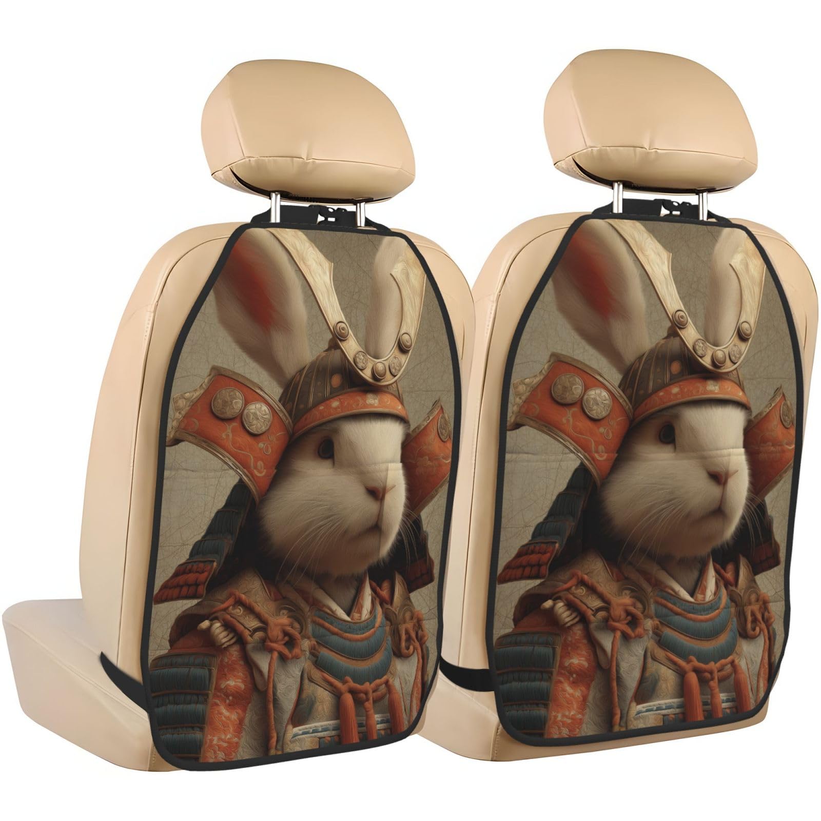 Funny Rabbit Samurai Aesthetic Car Seat Back Kick Protectors,2 Pack Kick Mats With Storage Pockets For Vehicles To Protect From Dirt Mud Scratches