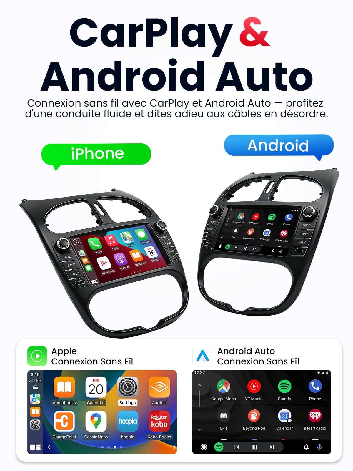 Autoradio Double DIN avec Écran pour Peugeot 206 (1998-2009), CarPlay & Android Auto sans Fil, Écran Tactile Auto 7", 4 Go+64 Go, Bluetooth WiFi 5 GHz Dab+ FM AUX GPS