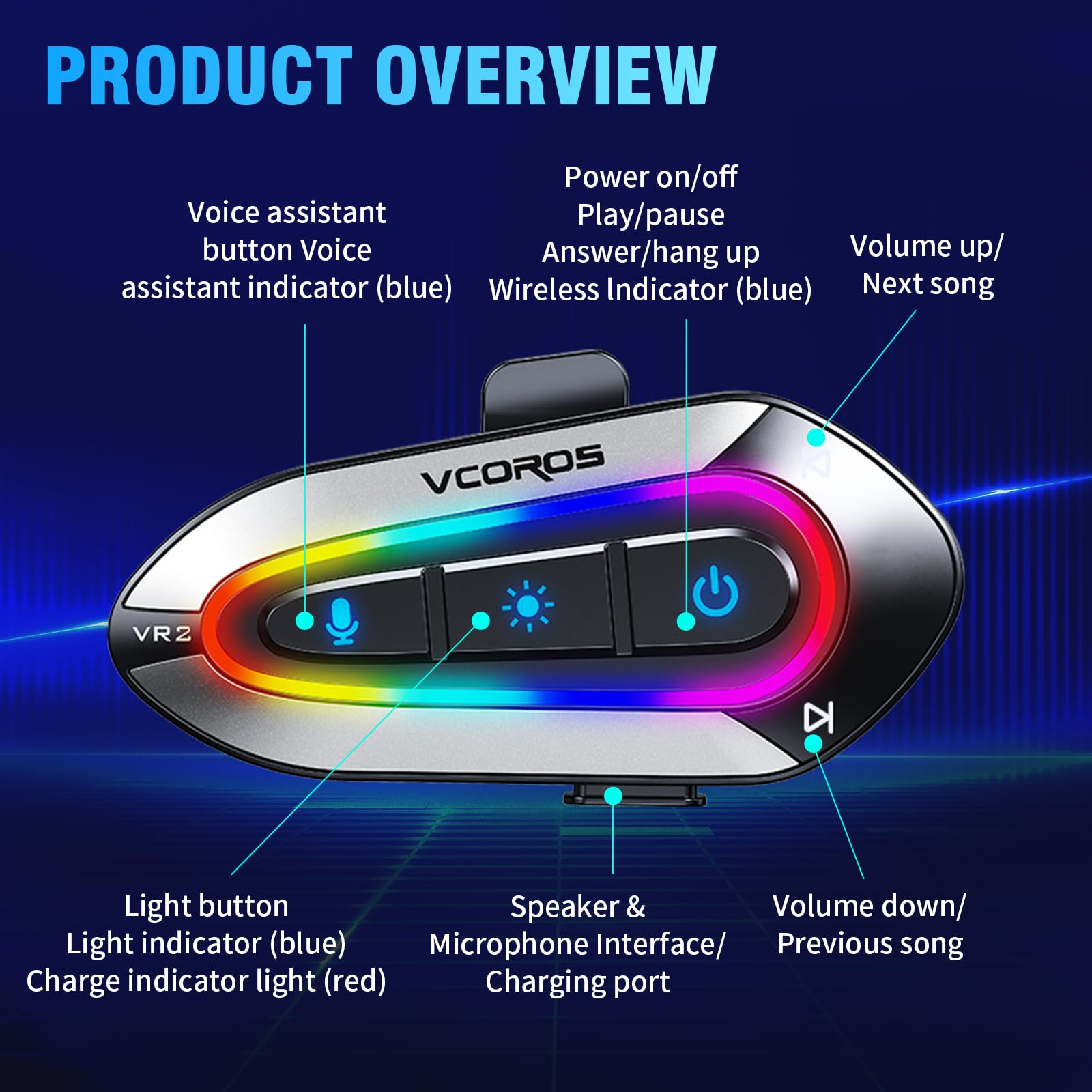 VCOROS Auriculares Casco Moto,VR2 Manos Libres Moto Bluetooth,5.4 Bluetooth Cancelación de Ruido DSP&CVC,Iluminación RGB,IPX6 Impermeable,Respuesta AutomáticaCompatible con Todos Los Cascos 1000mAH