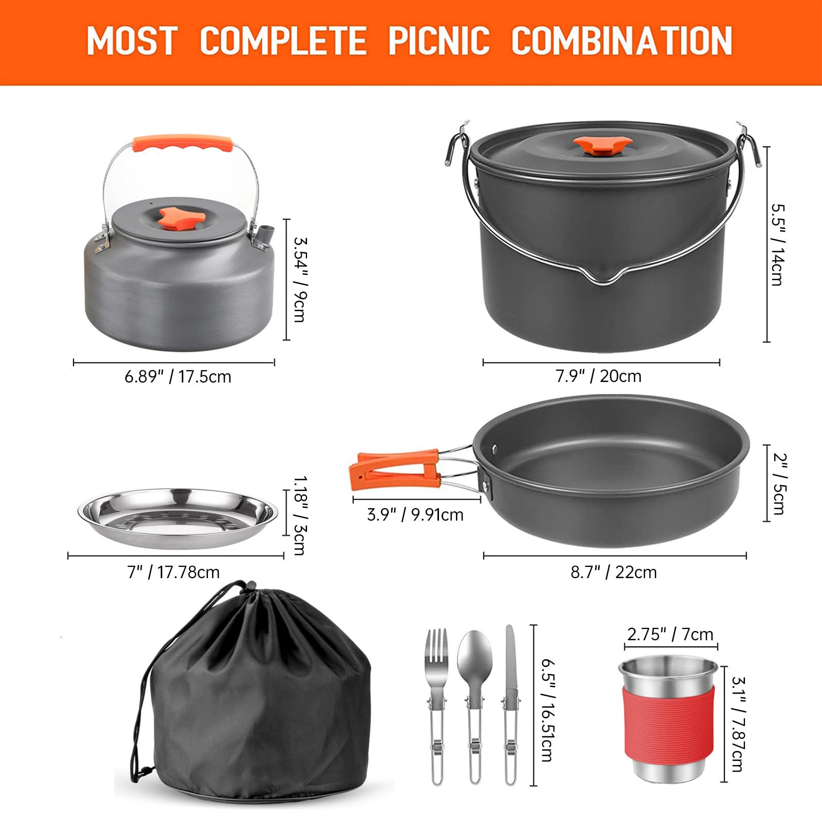 Asixxsix 48pcs Camping Kochgeschirr Set, Tragbare klappbare Nichtkleber Camping Ausrüstung mit Edelstahl Tassen Platten Gabeln Messer Löffel, für Outdoor Backpacking Wandern Picknick