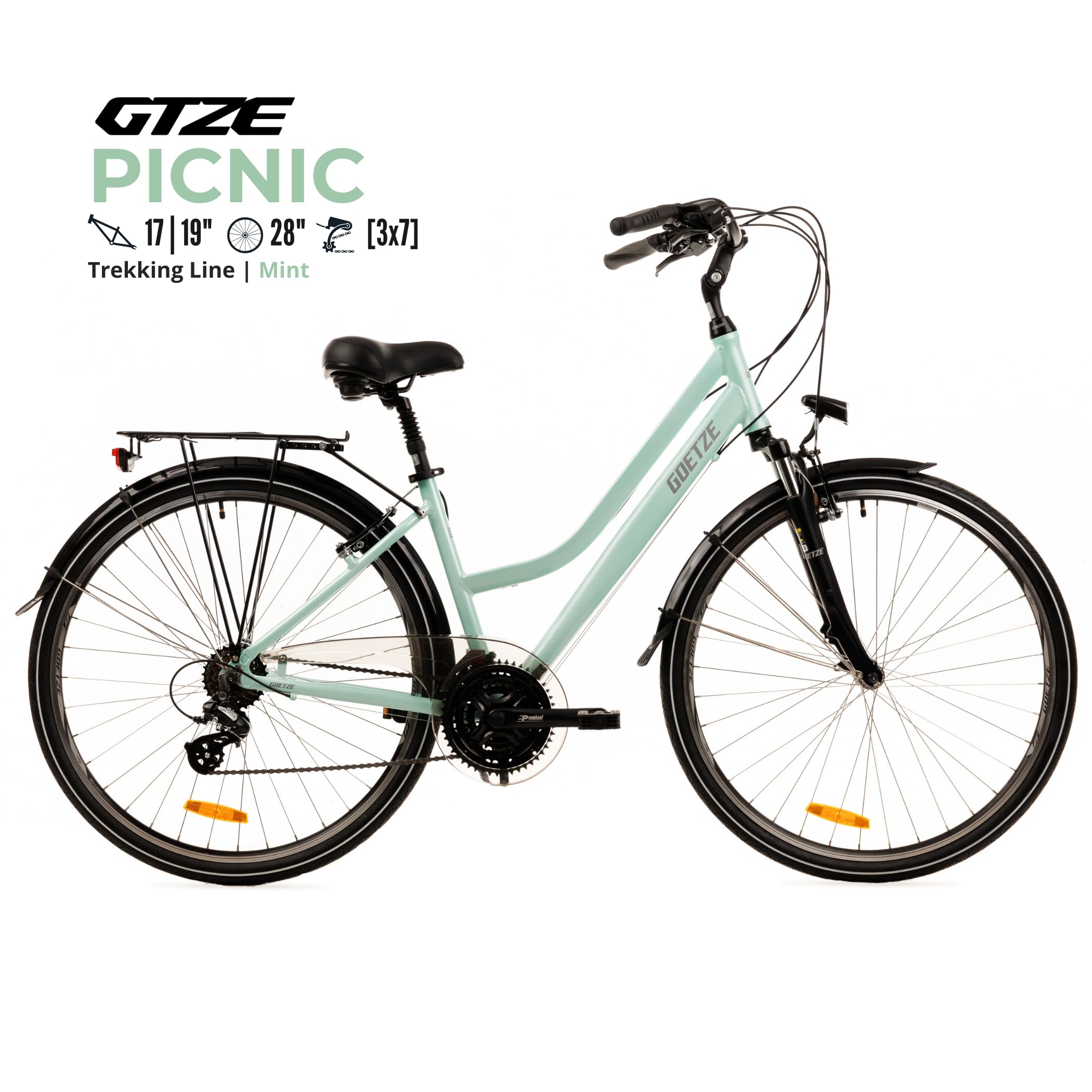 Goetze Picnic 28 Zoll Damen Trekkingrad, Aluminium Rahmen 17/19 Zoll, Shimano 21-Gang Schaltung, Federgabel, Verstellbarer Vorbau, Gefederte Sattelstütze, LED-Beleuchtung, Gepäckträger