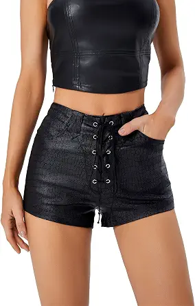 Floerns Women's High Waisted Drawstring Faux Leather Shorts