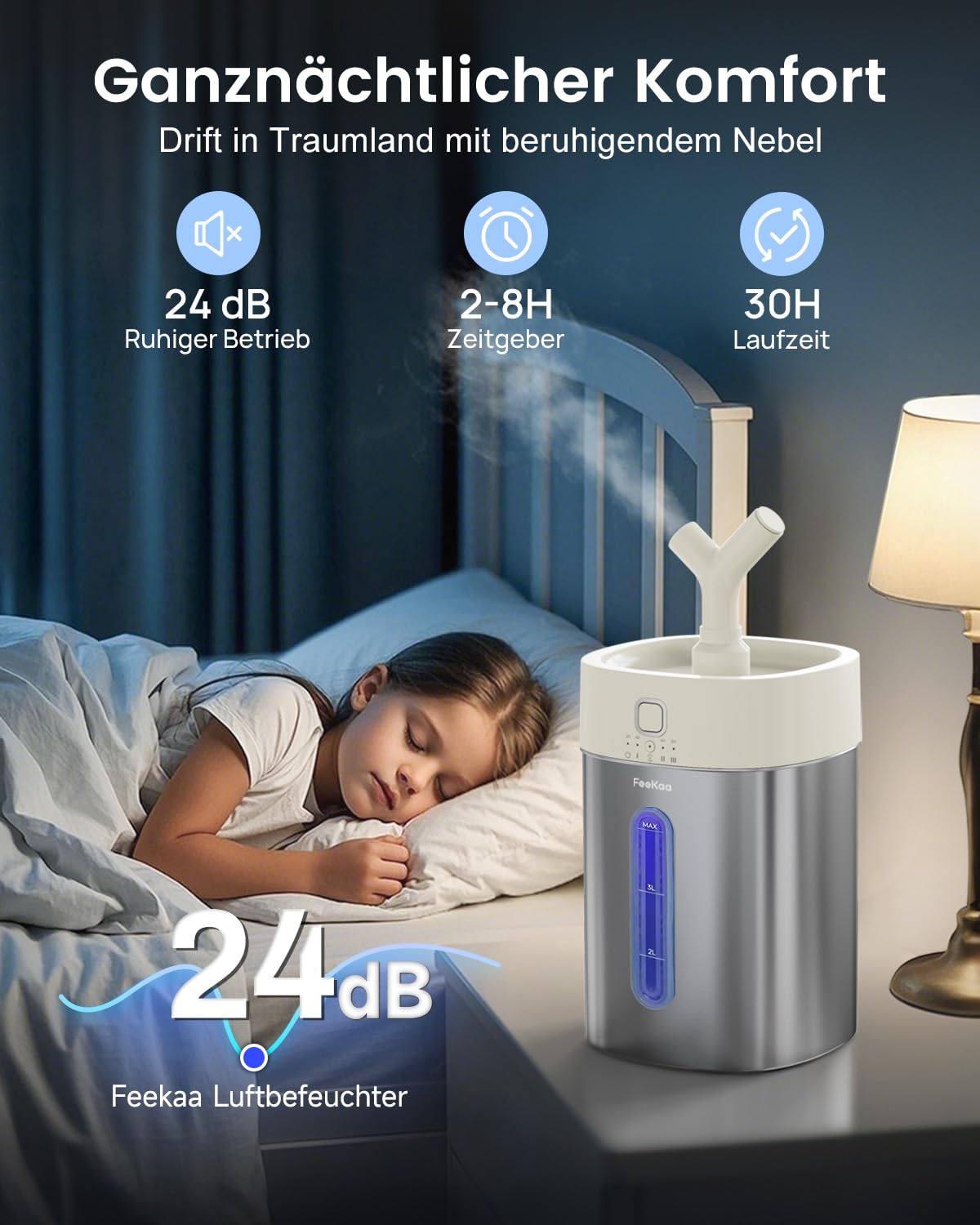 Luftbefeuchter Große Räume 4L Edelstahl, Ultraschall Kaltnebler, Weiß | Bis 50 m² Große Räume, Spülmaschinengeeignet, Leiser Betrieb, für Schlafzimmer, Babyzimmer, Büro, Wohnzimmer & Zimmerpflanzen