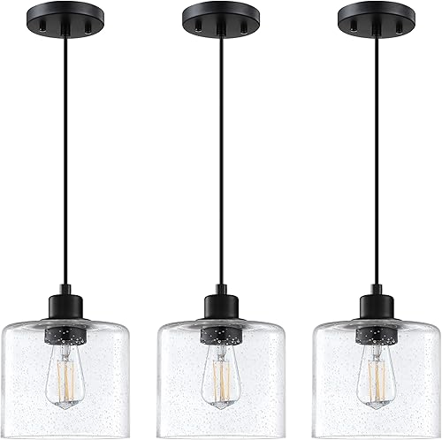 Miniatura 8 de Paquete de 2 lámparas colgantes vintage con acabado de bronce aceitado de 6.5 pulgadas, pantalla moderna de vidrio soplado transparente clásico para