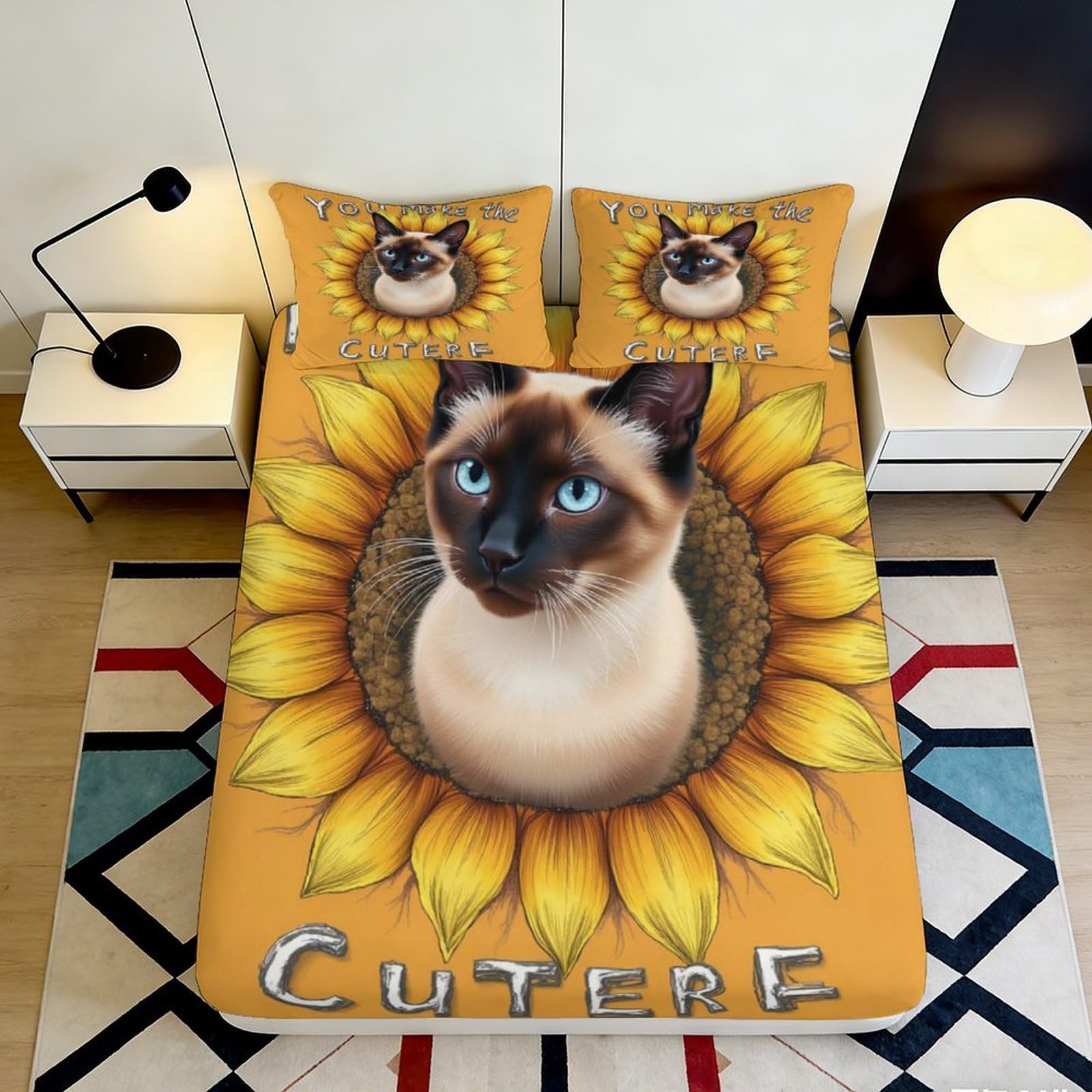 3D Printed Sunflower Siamese Cat Fitted Sheet Microfiber Soft Anti-Slip Bed Cover for Bedroom Guest Room Decor 90x200x25cm