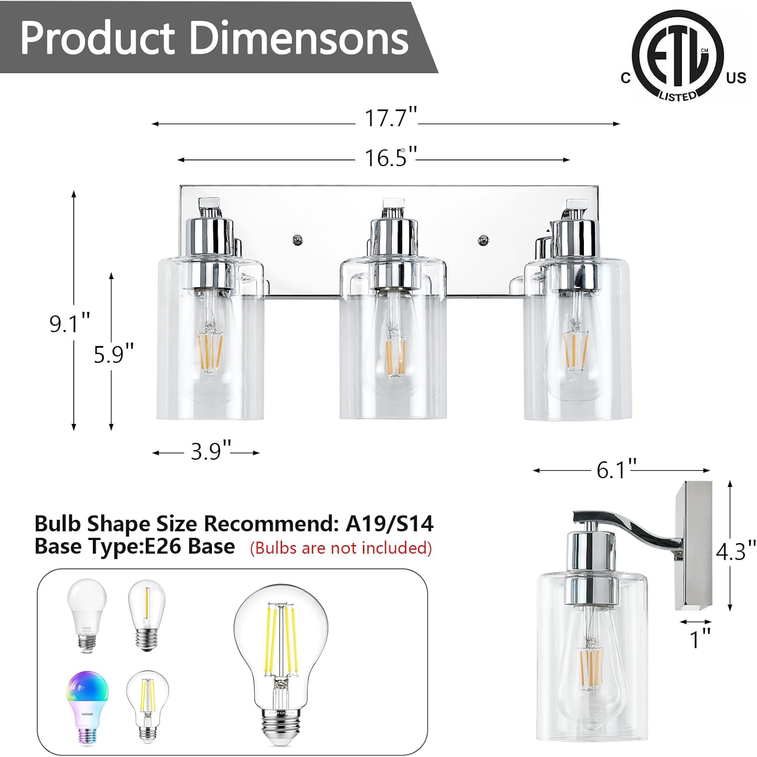 3 Lights Bathroom Light Fixtures Chrome Vanity Light with Clear Glass Shade 18in Modern Bathroom Lighting Fixtures Over Mirror for Bedroom/Living Room