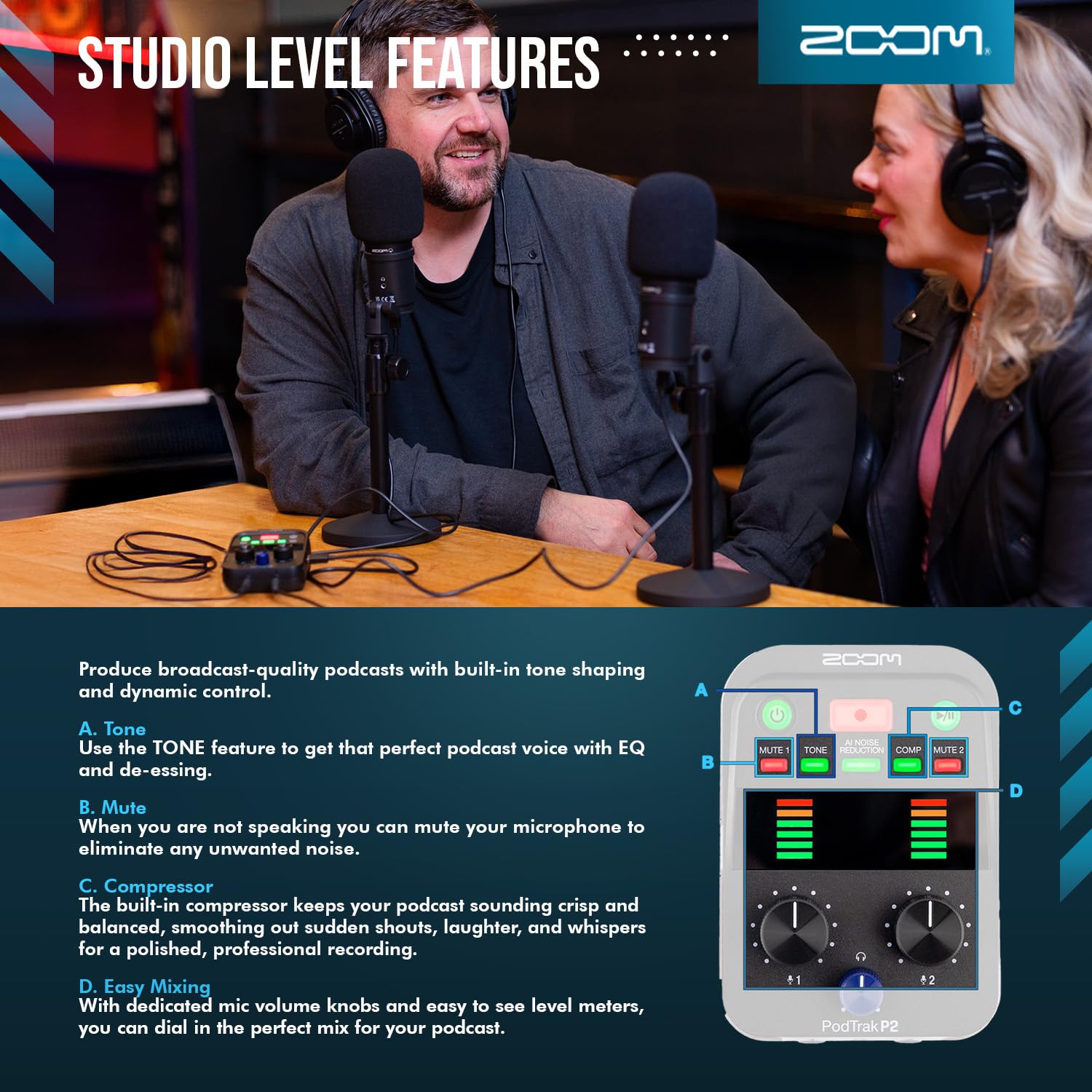 Zoom Podtrak P2 Tragbarer Podcast-Recorder, 2 USB-Mikrofoneingänge, AI-Rauschunterdrückung, 4-spurige Aufnahme, Ton- und Comp-Effekte, Dual-Kopfhörer-Ausgänge mit 2 Sets Podcast-Mikrofon-Pack und
