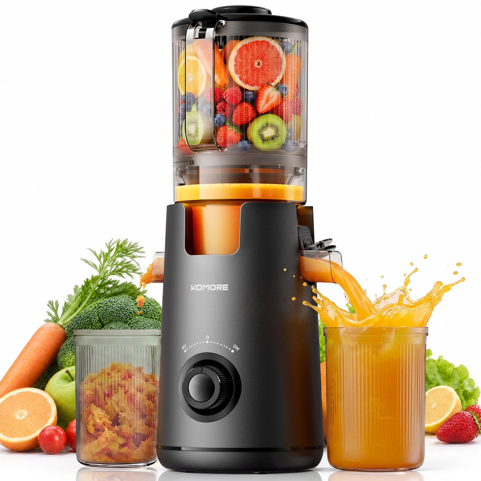KOMORE Cold Press Juicer Machines, 130MM Chute, Whole Fruit Juicer, Black