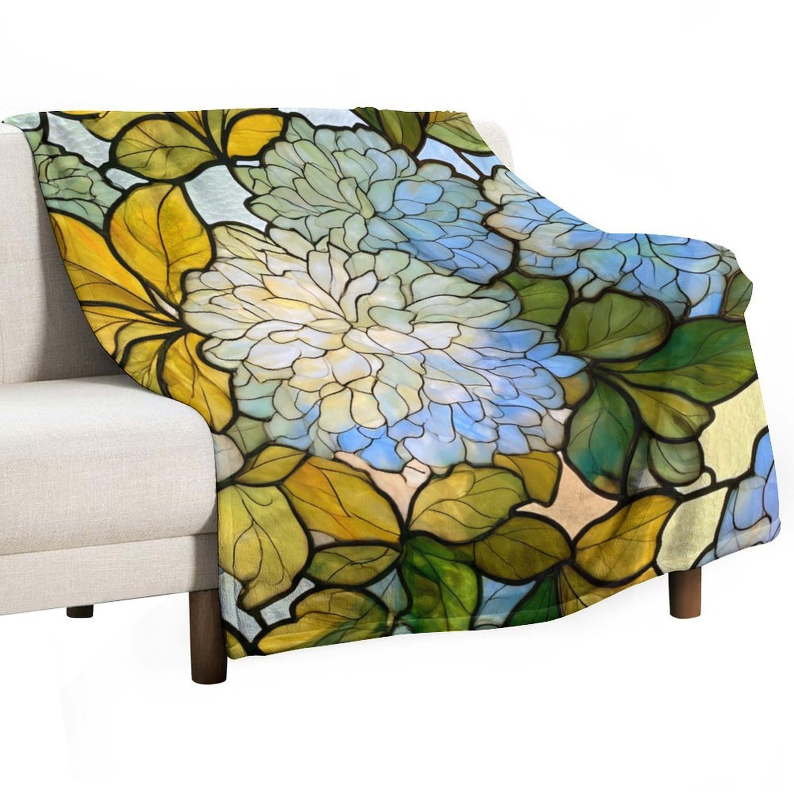 Jubonexis Stained Glass Pale Blue Chrysanthemum Flowers Anti Pilling Throw Blankets Cozy Durable Blanket for Bedroom Living Rooms Couch Sofa Bed 130x150cm(50x60in)